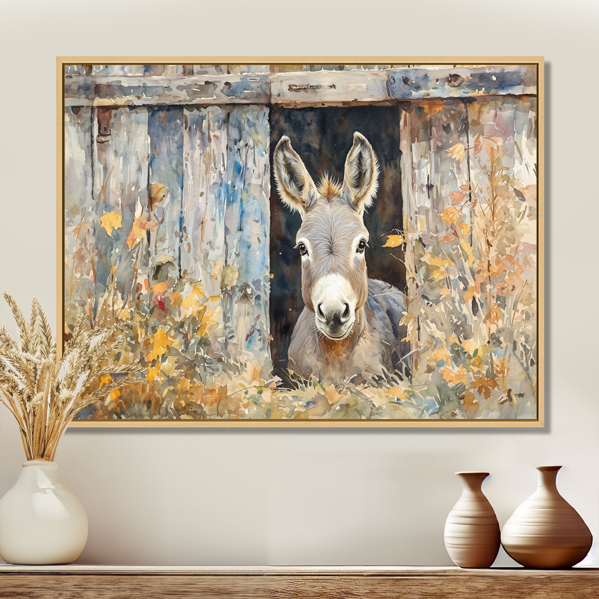 Donkey Floral Portrait At The Barn - Donkey Wall Art Prints