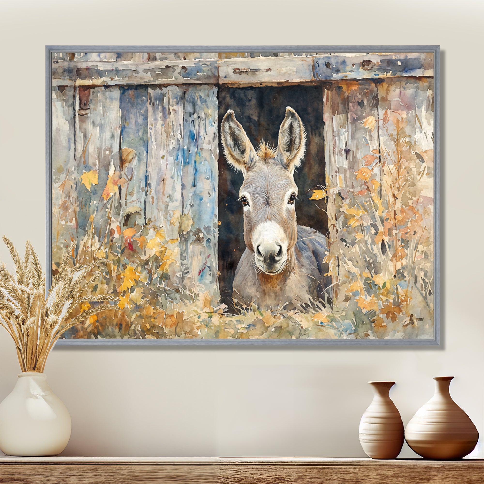 Donkey Floral Portrait At The Barn - Donkey Wall Art Prints