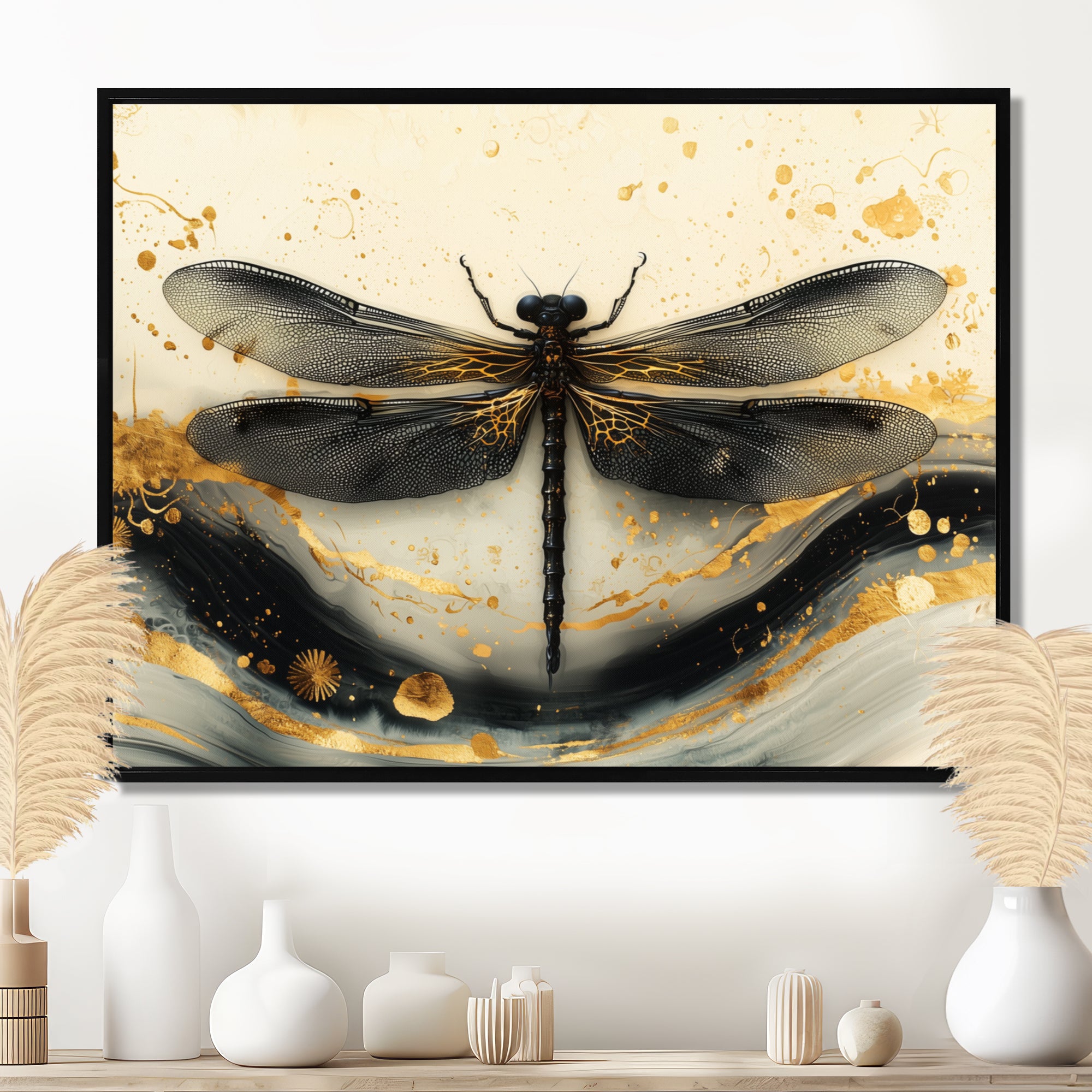 Golden Dragon Fly Flight Of Elegance - Dragonfly Living Room Wall Art