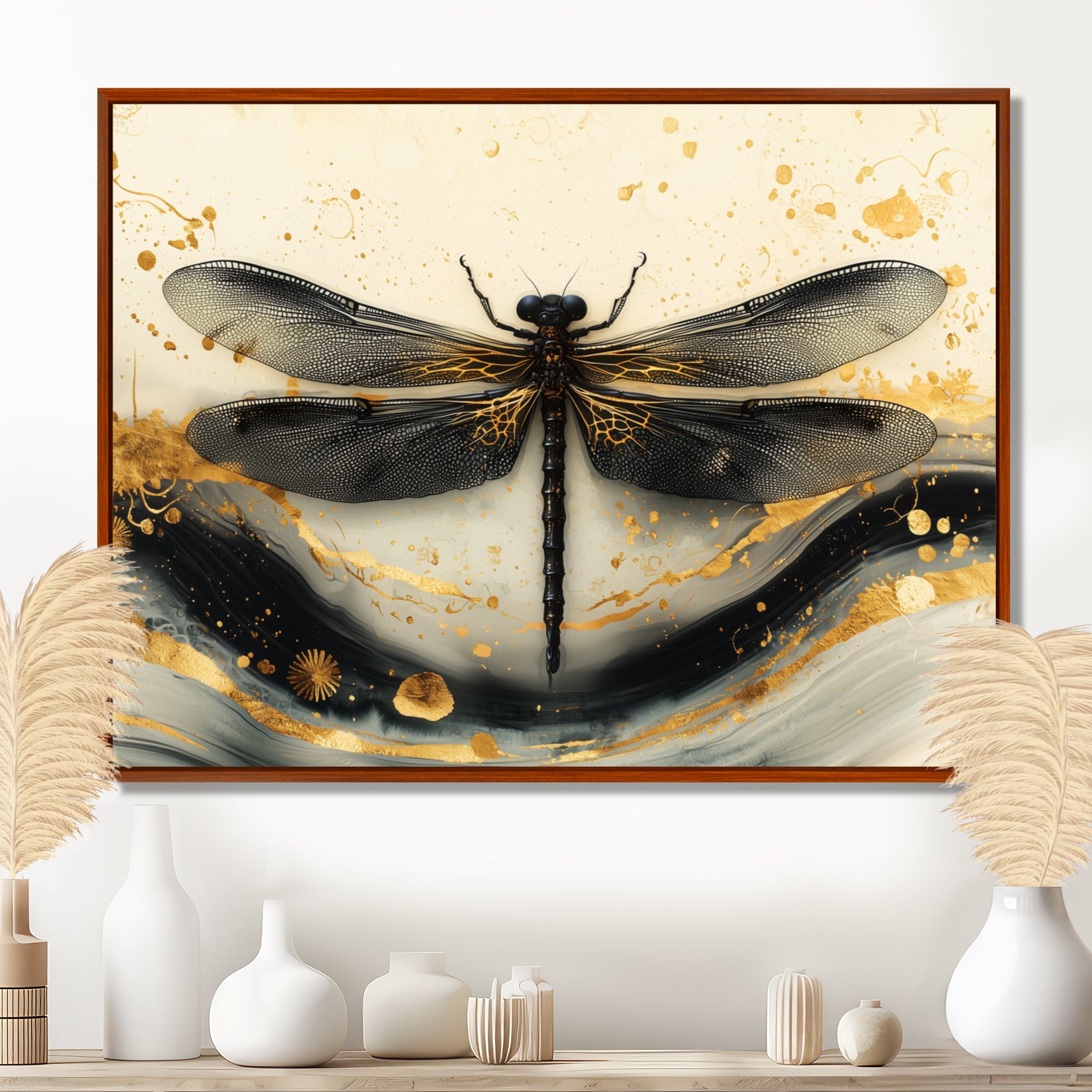 Golden Dragon Fly Flight Of Elegance - Dragonfly Living Room Wall Art