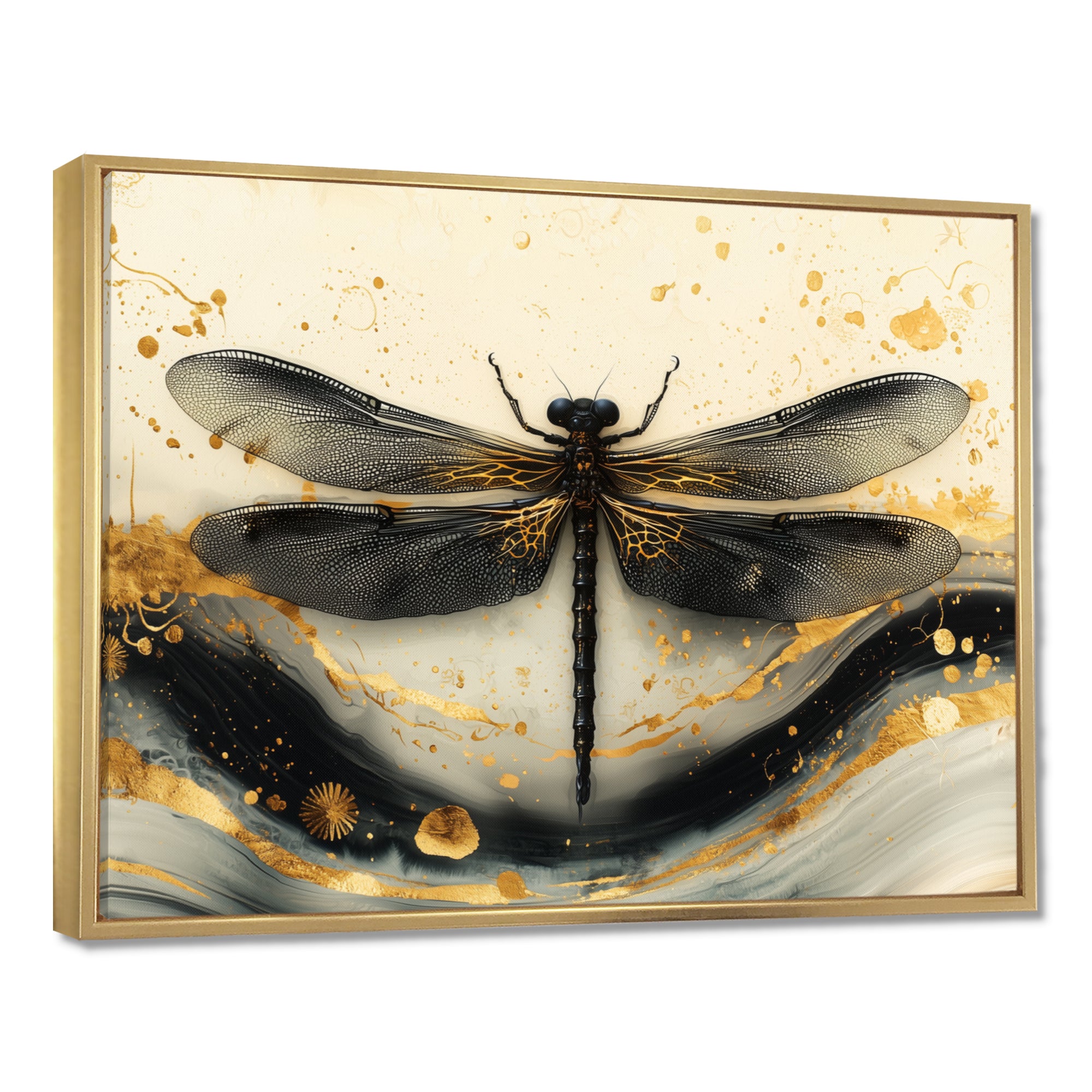Golden Dragon Fly Flight Of Elegance - Dragonfly Living Room Wall Art