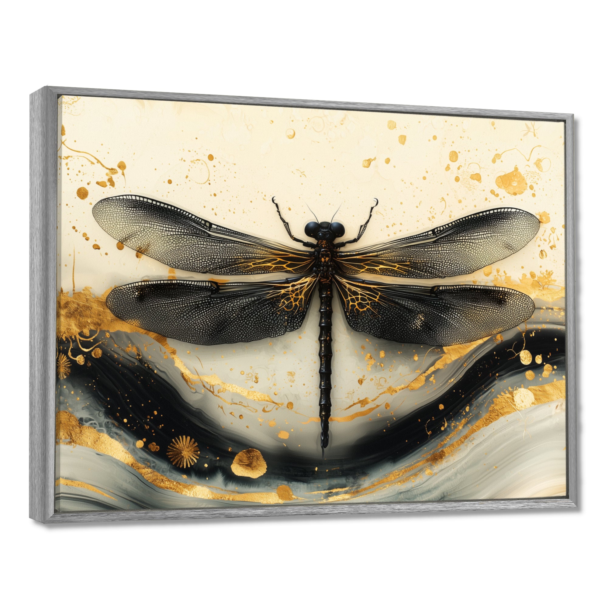 Golden Dragon Fly Flight Of Elegance - Dragonfly Living Room Wall Art