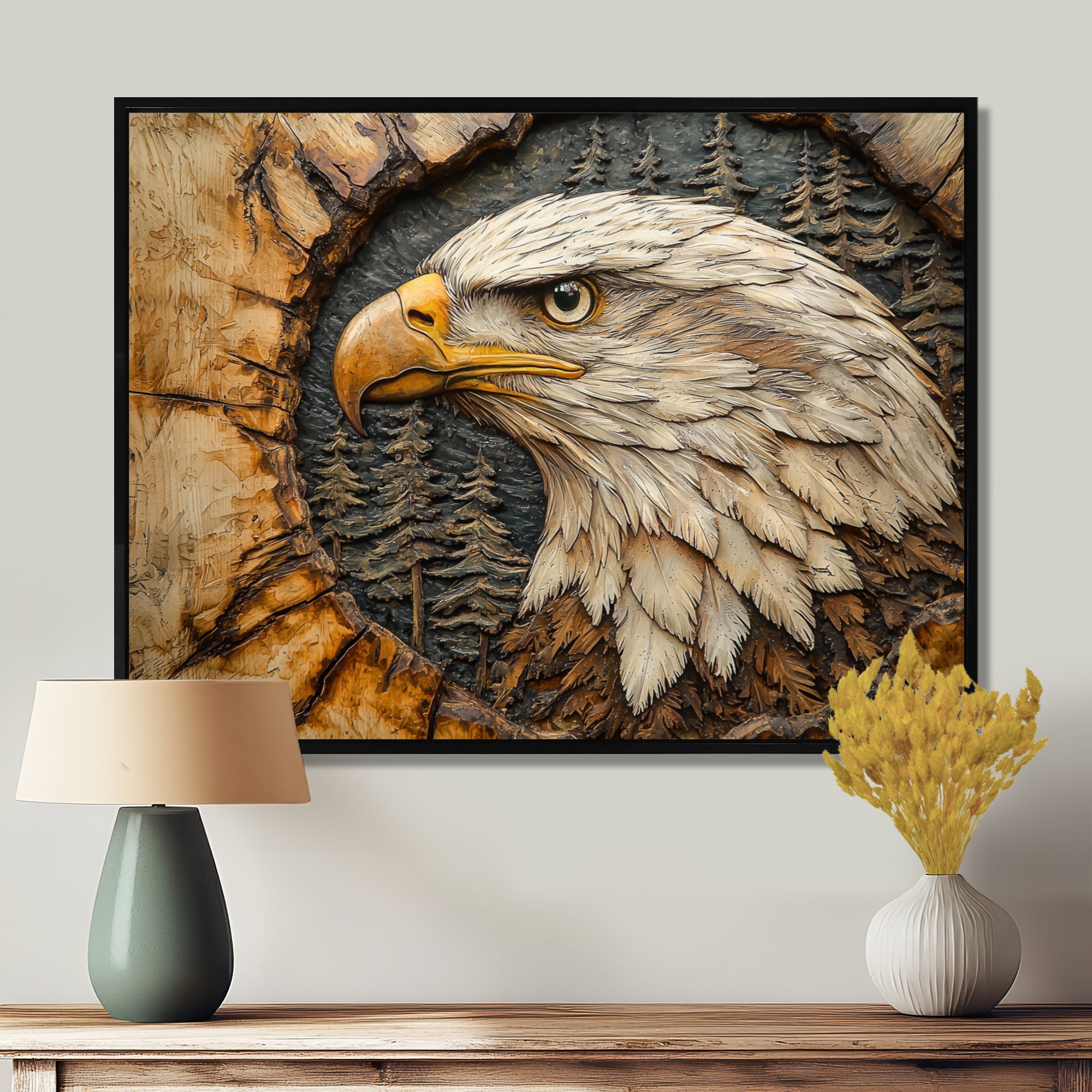 Eagle In A Forest Landscape Slide - Eagle Framed Canvas Art