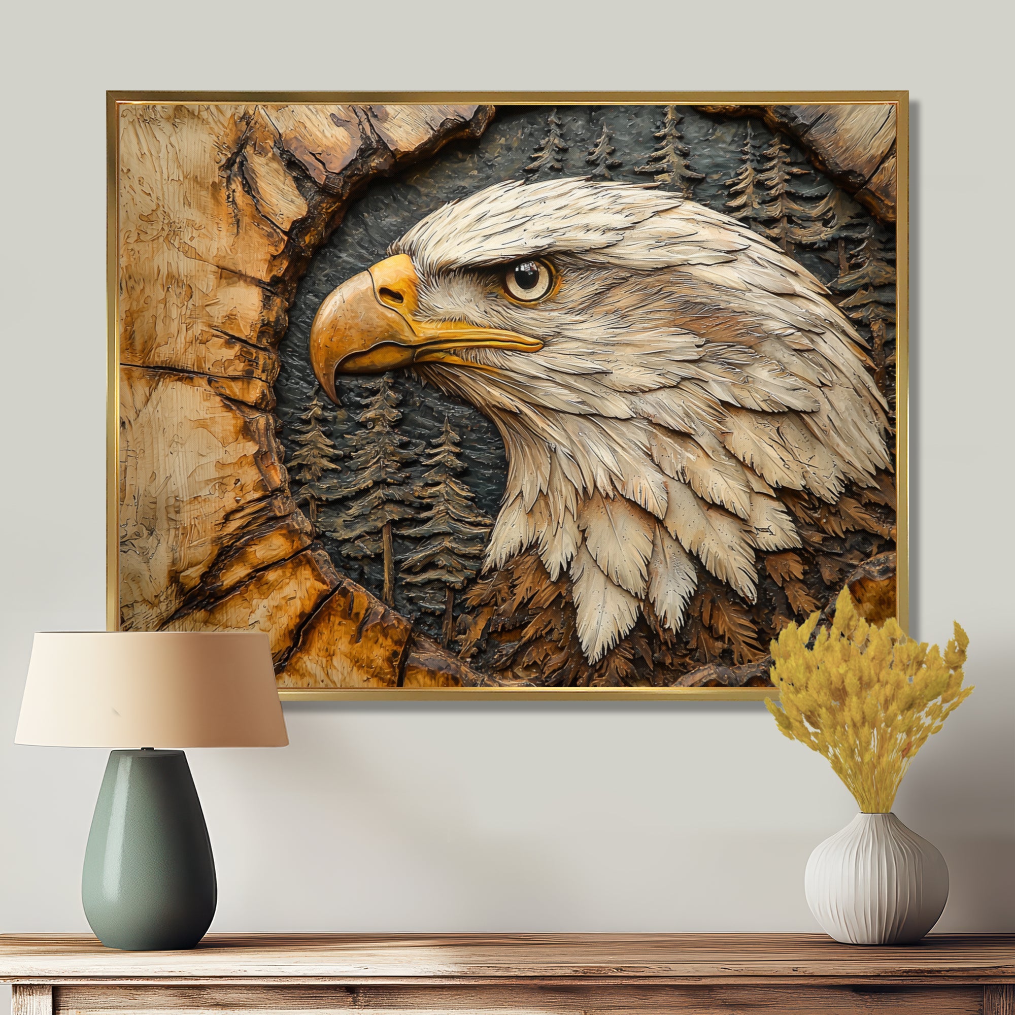 Eagle In A Forest Landscape Slide - Eagle Framed Canvas Art