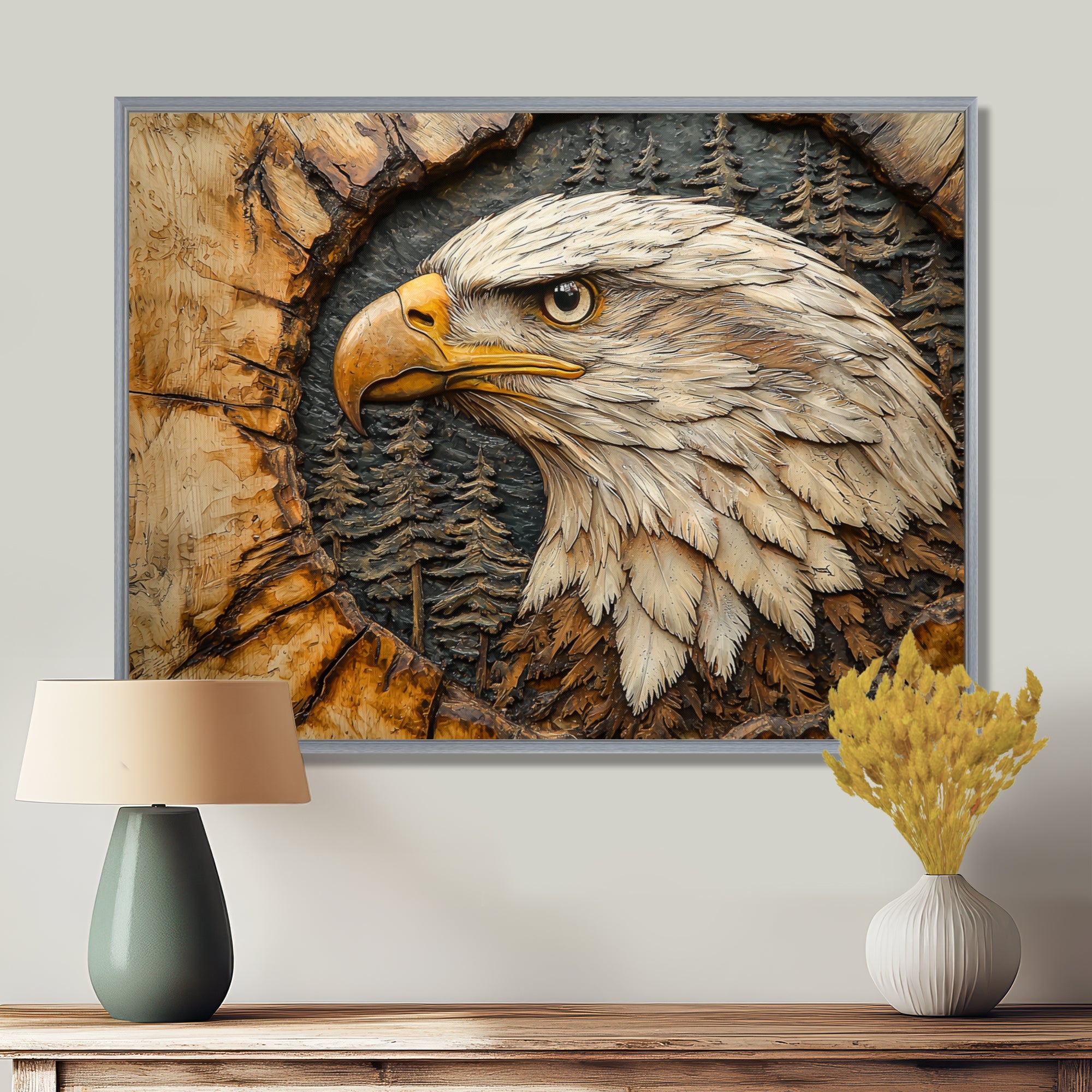 Eagle In A Forest Landscape Slide - Eagle Framed Canvas Art
