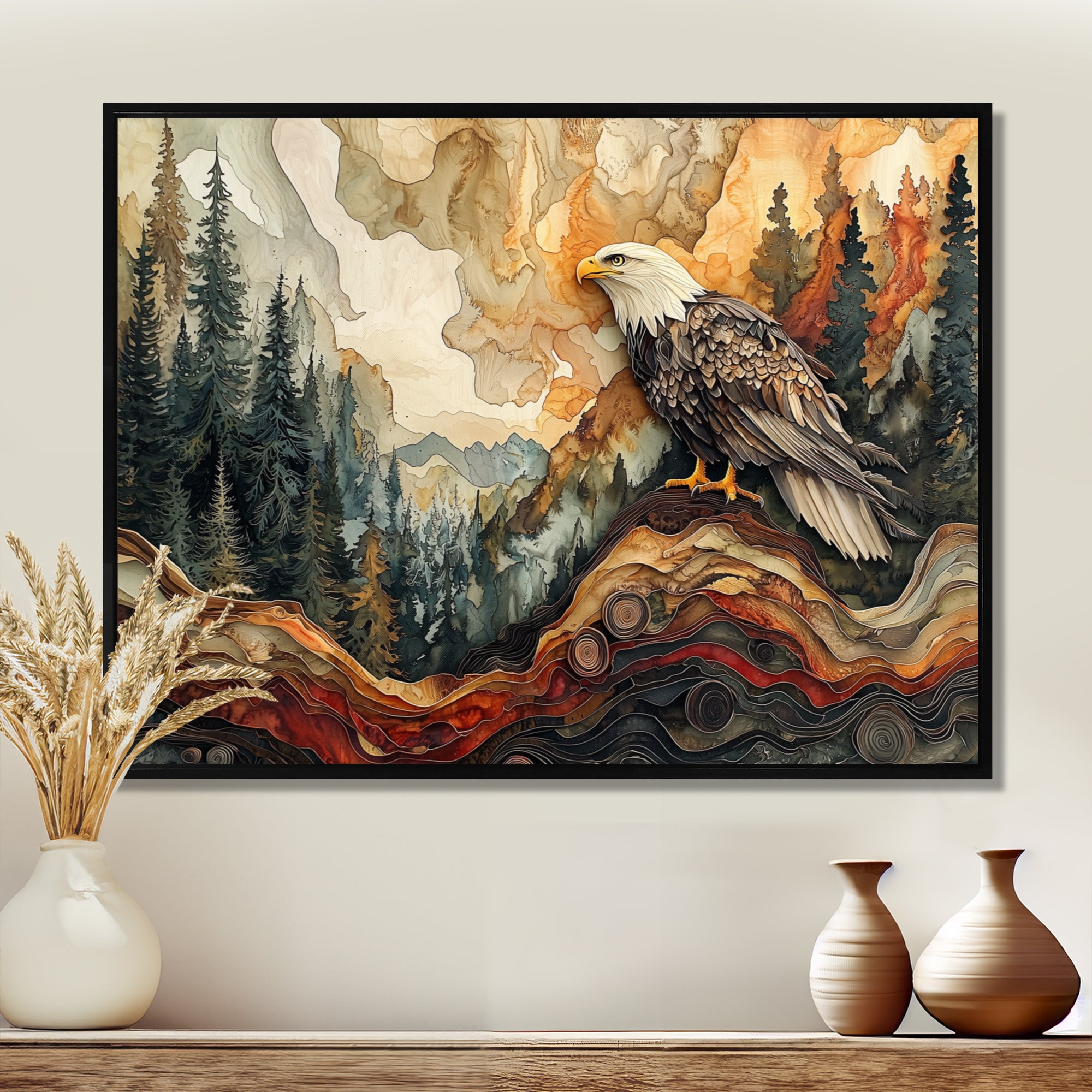 Eagle In A Large Forest Landscape - Eagle Living Room Wall Art