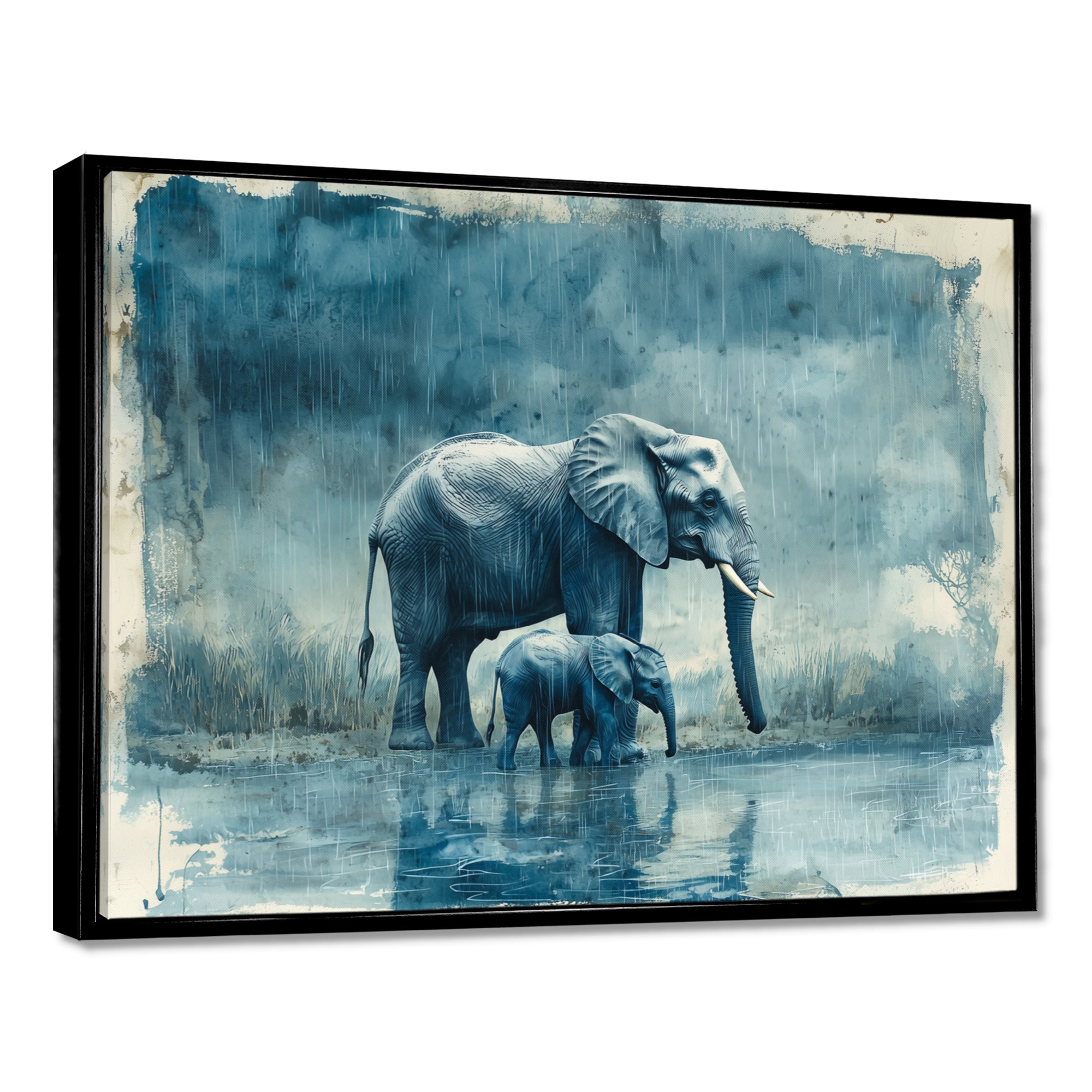 Elephant And Her Calf In The Rain - Grey Elephant Wall Art