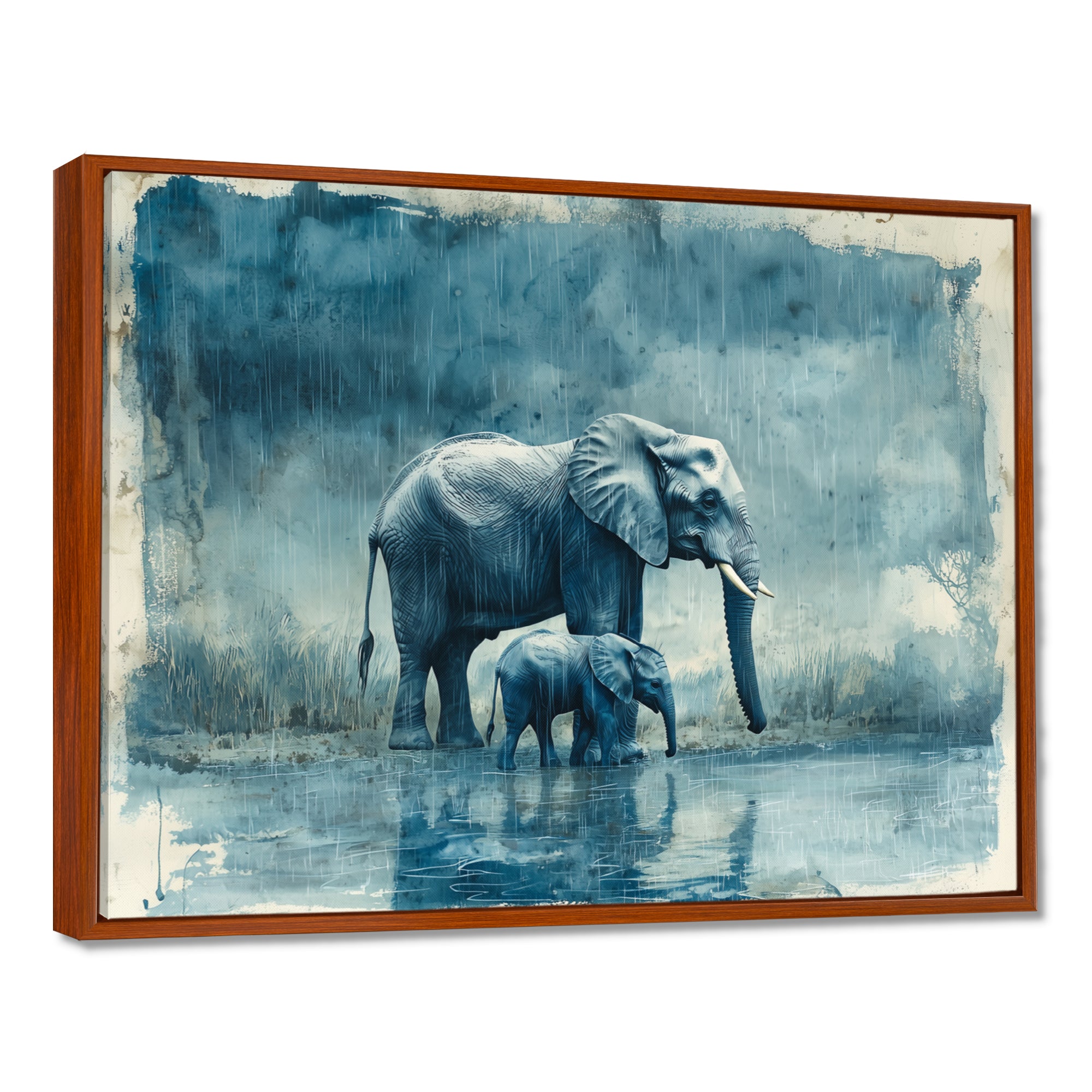 Elephant And Her Calf In The Rain - Grey Elephant Wall Art