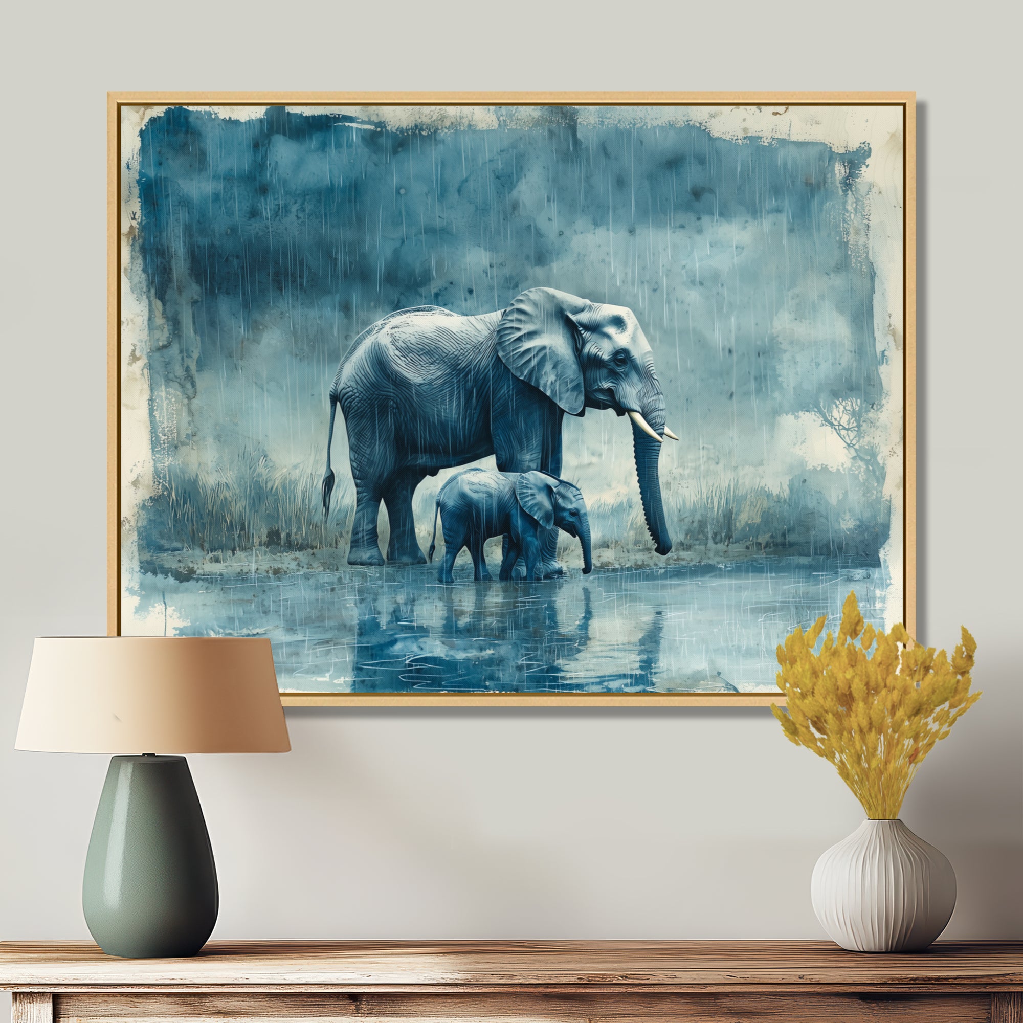 Elephant And Her Calf In The Rain - Grey Elephant Wall Art