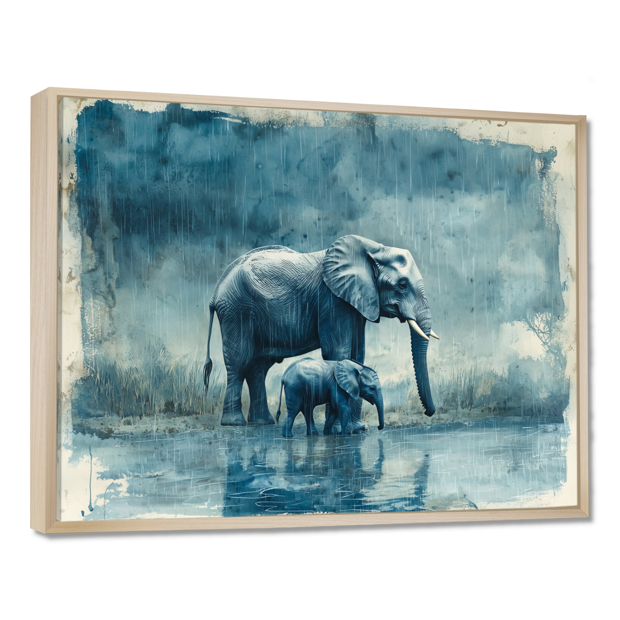 Elephant And Her Calf In The Rain - Grey Elephant Wall Art