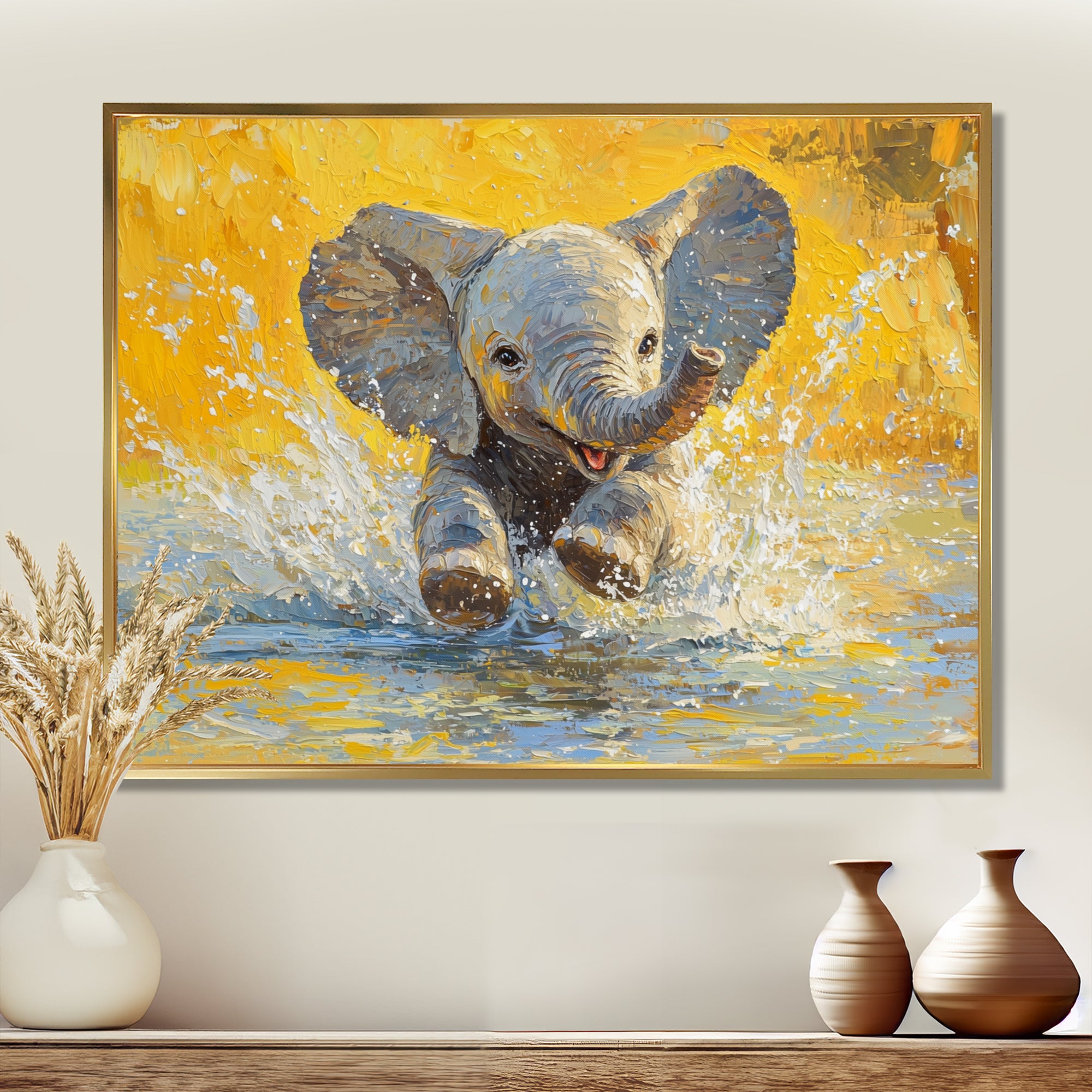 Elephant Calf Playing In The River - Elephant Bedroom Wall Art