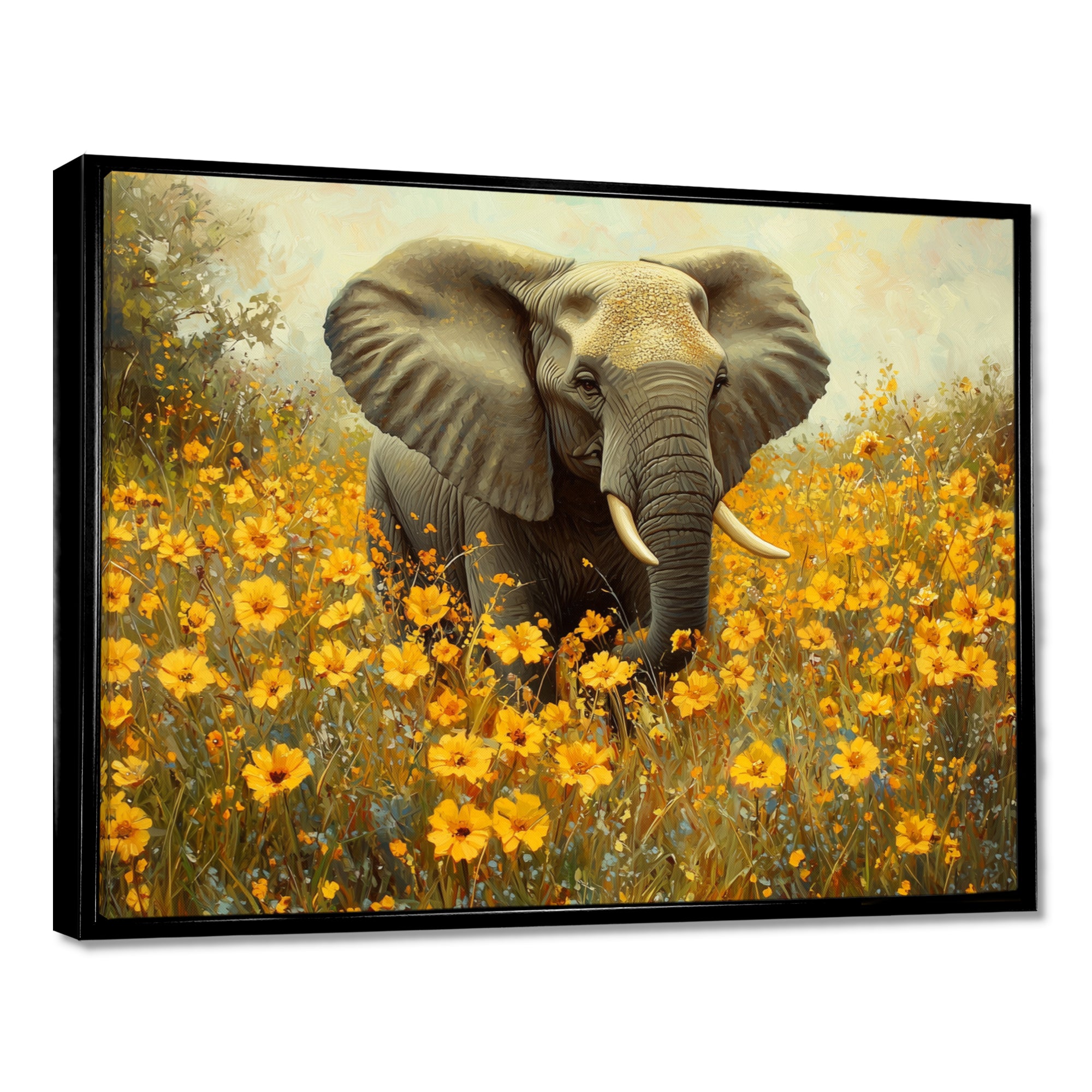 Elephant In The Flowering Grasslands - Yellow Elephant Wall Art