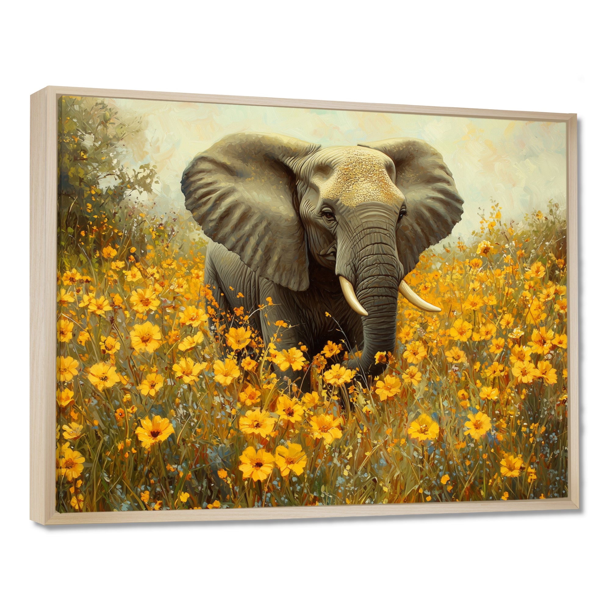 Elephant In The Flowering Grasslands - Yellow Elephant Wall Art