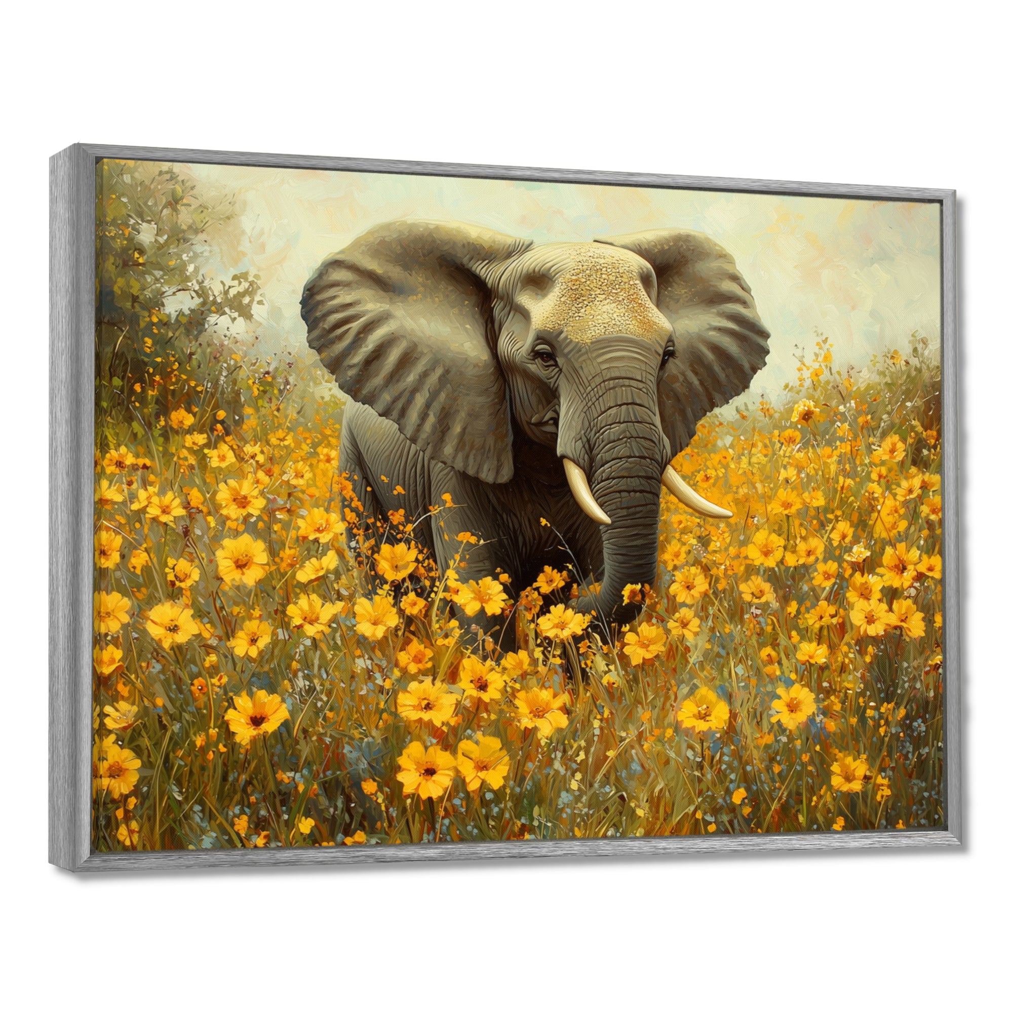 Elephant In The Flowering Grasslands - Yellow Elephant Wall Art