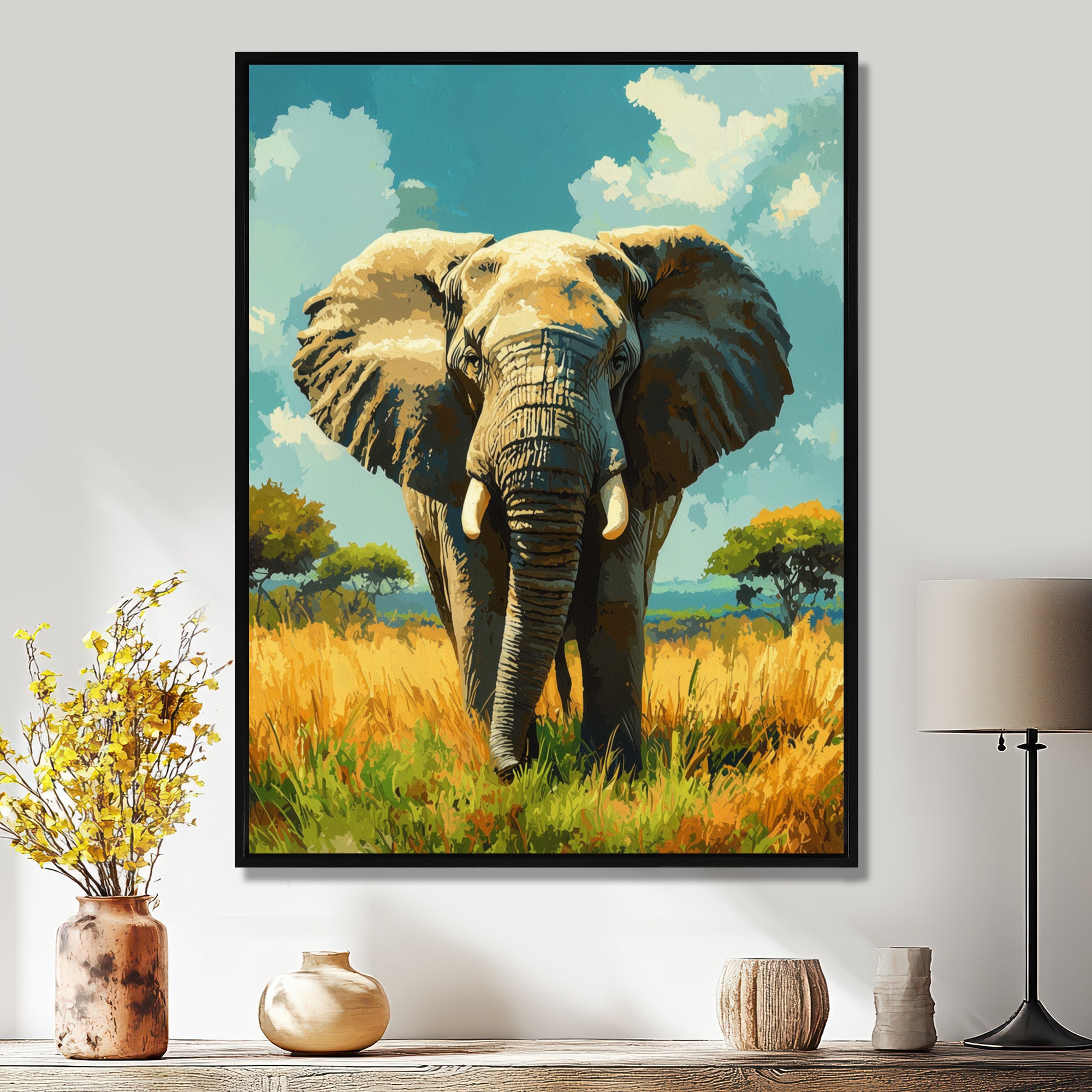 Elephant In The Lush Savannah - Elephant Living Room Wall Art