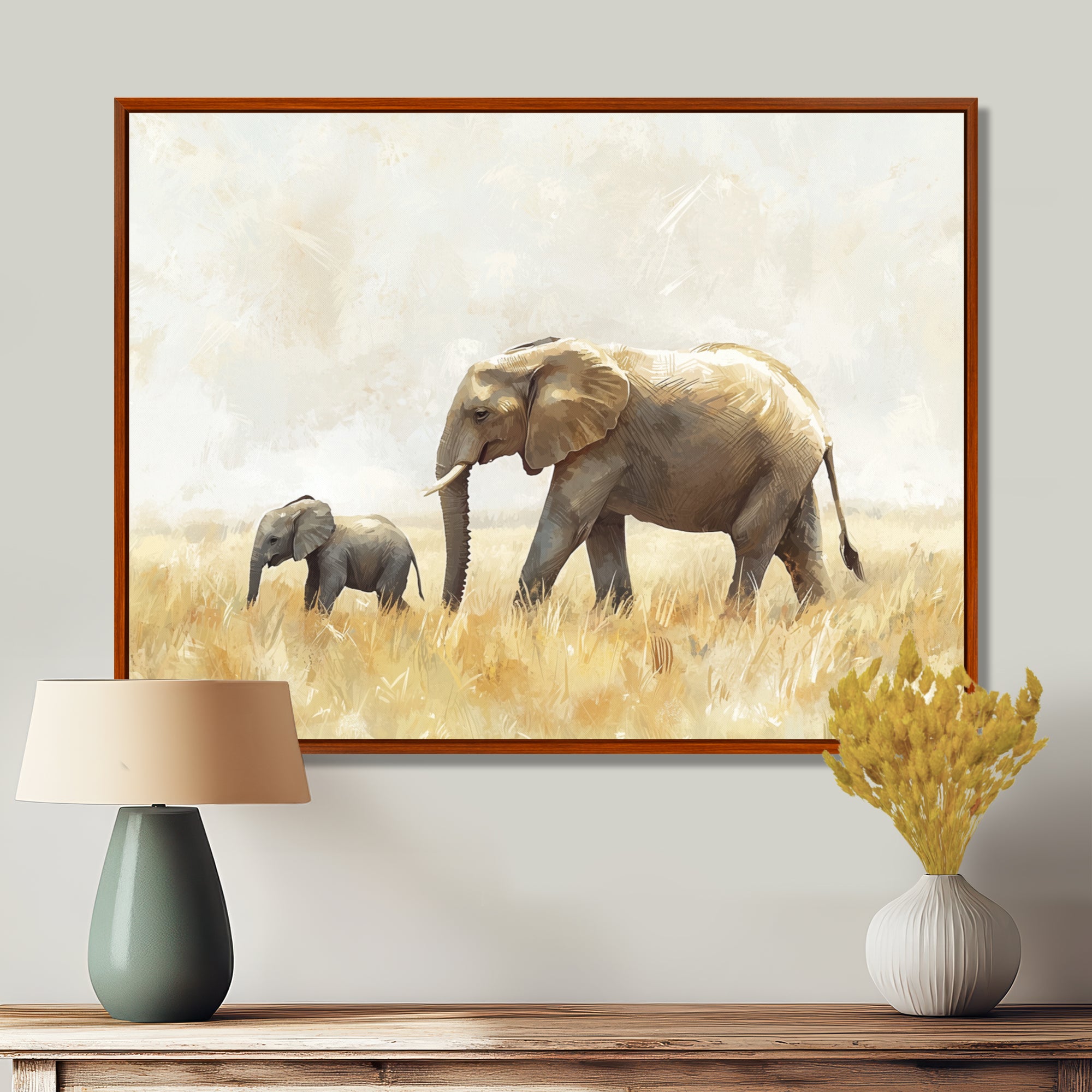 Elephant With Her Baby In African - Elephant Wall Art Prints