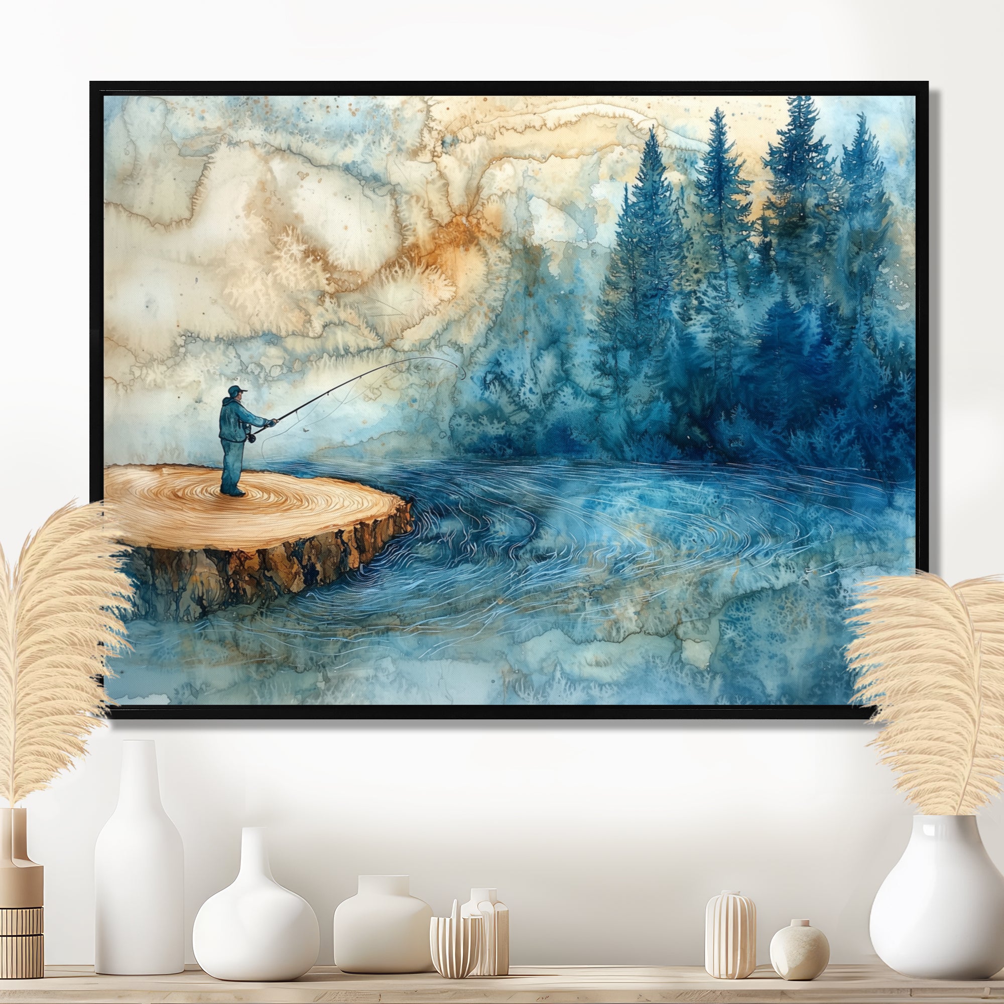 Wood Slide Fishing Into The Winter River - Hunting & Fishing Canvas Wall Art