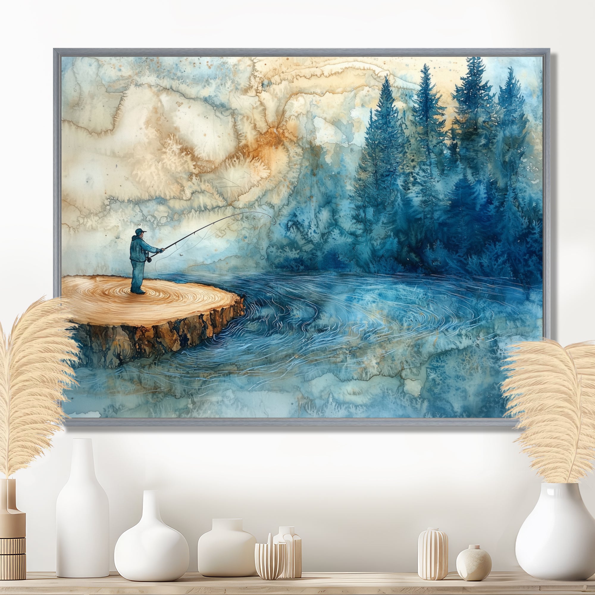 Wood Slide Fishing Into The Winter River - Hunting & Fishing Canvas Wall Art