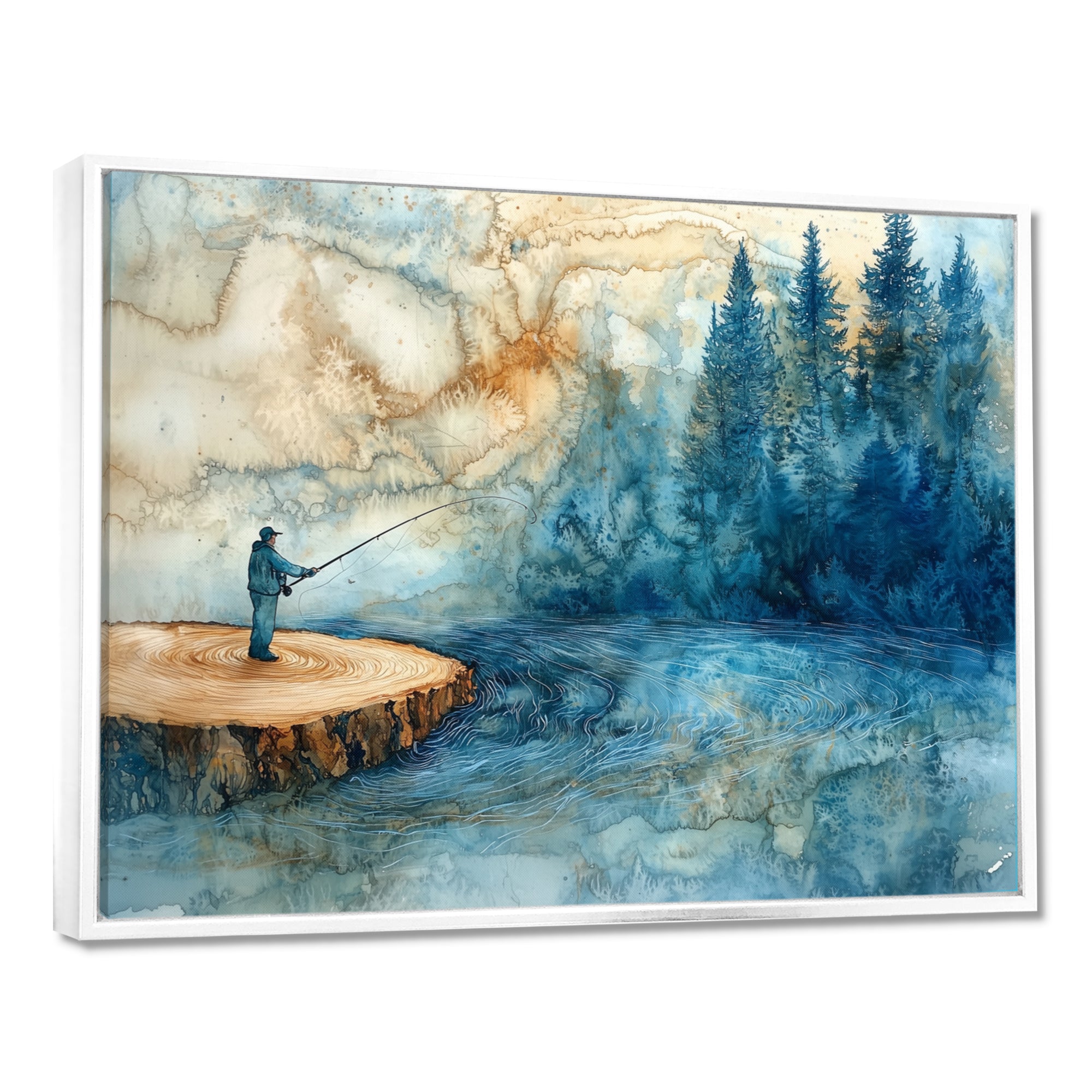 Wood Slide Fishing Into The Winter River - Hunting & Fishing Canvas Wall Art