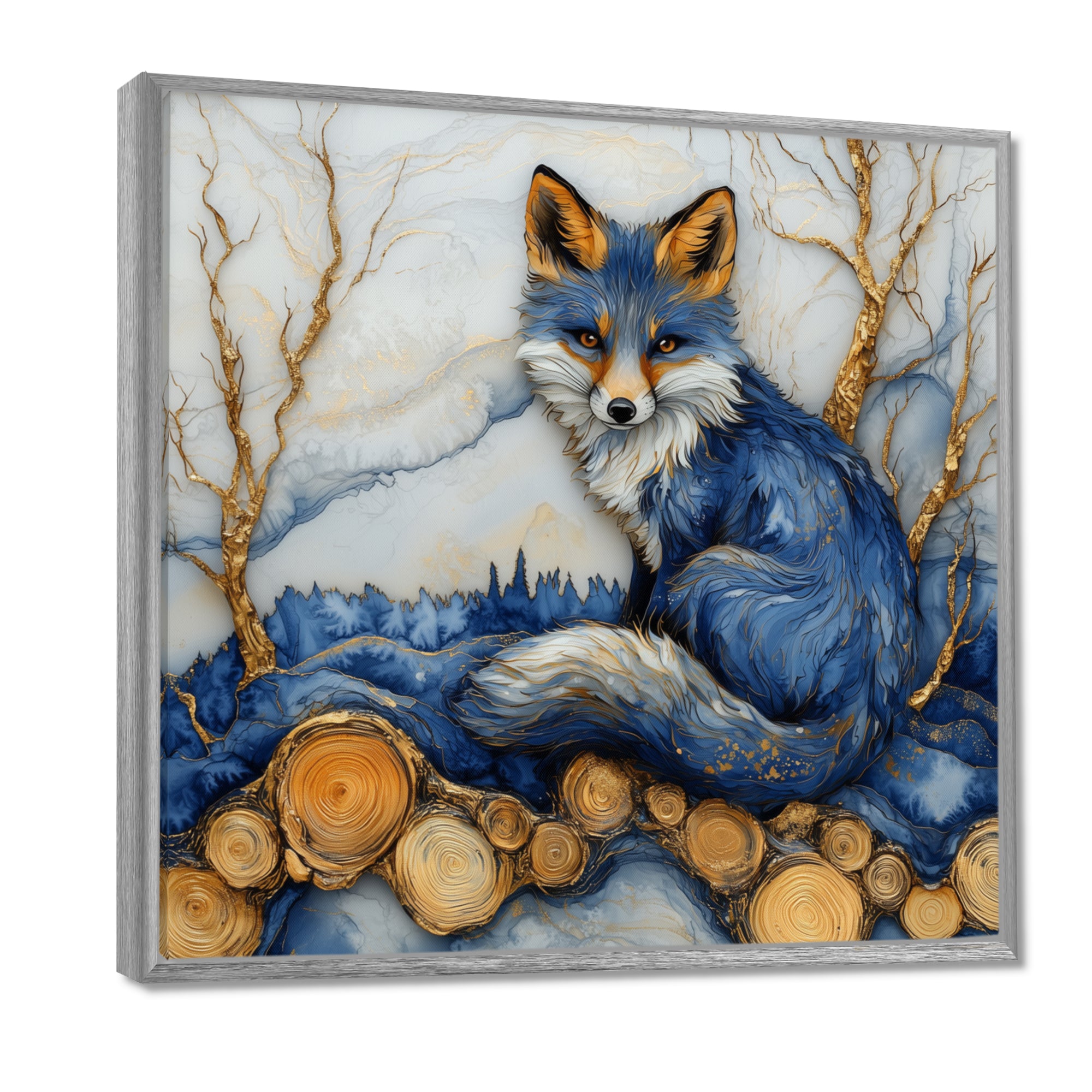 Night Fox By The Lake Landscape - Blue Fox Wall Art