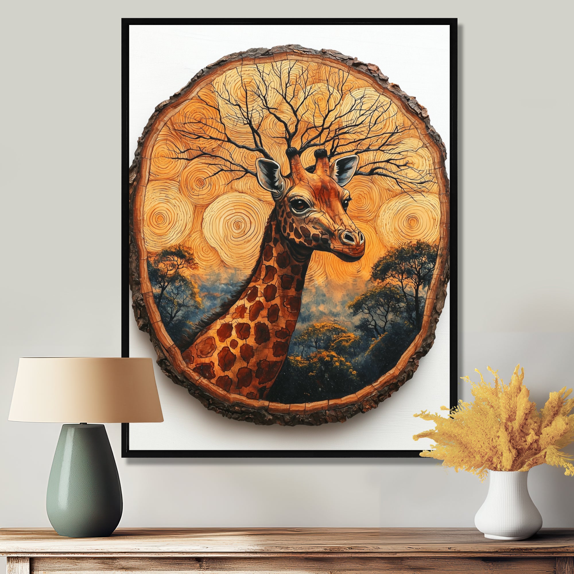 Floral Giraffe Portrait In African Landscape - Giraffe Canvas Wall Art