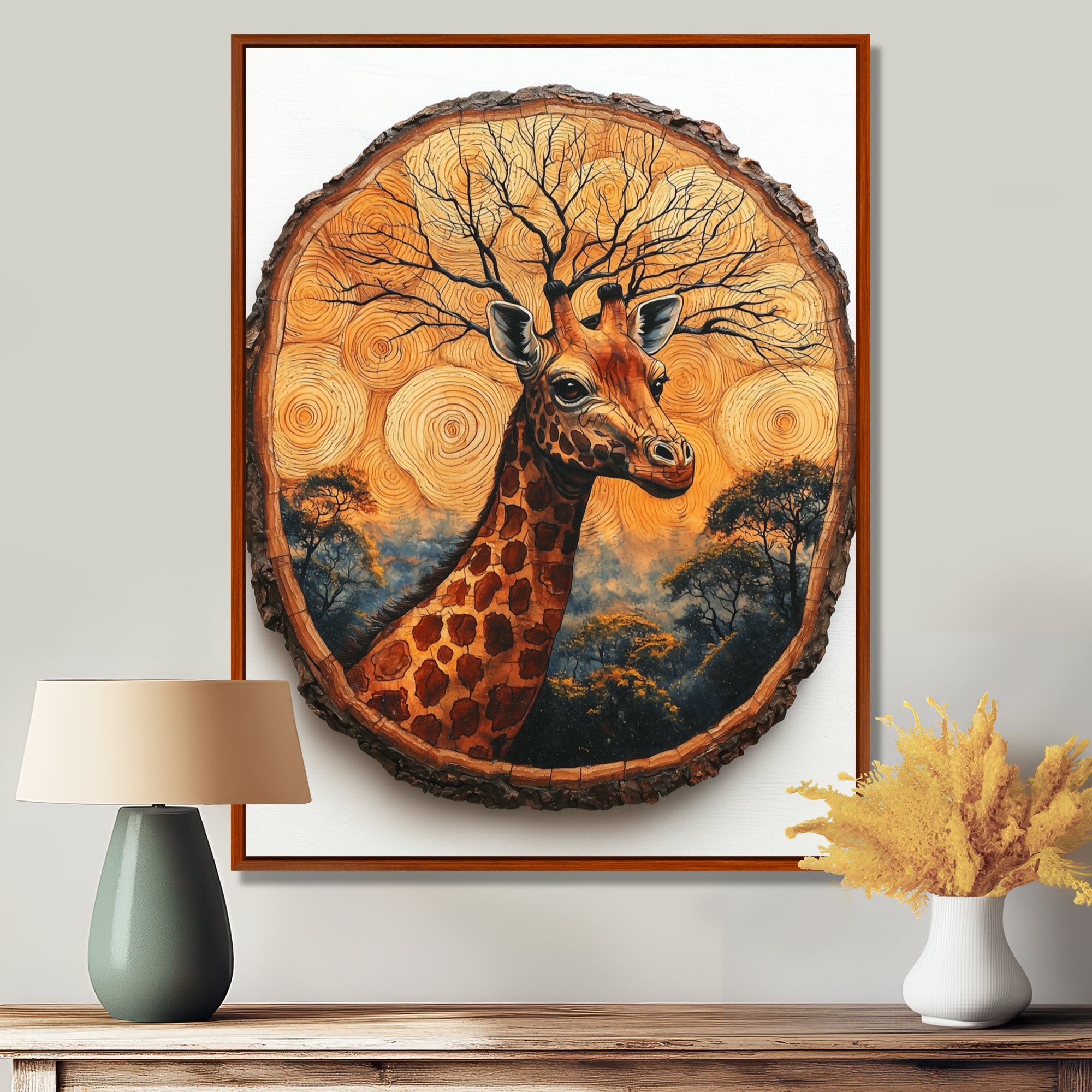 Floral Giraffe Portrait In African Landscape - Giraffe Canvas Wall Art