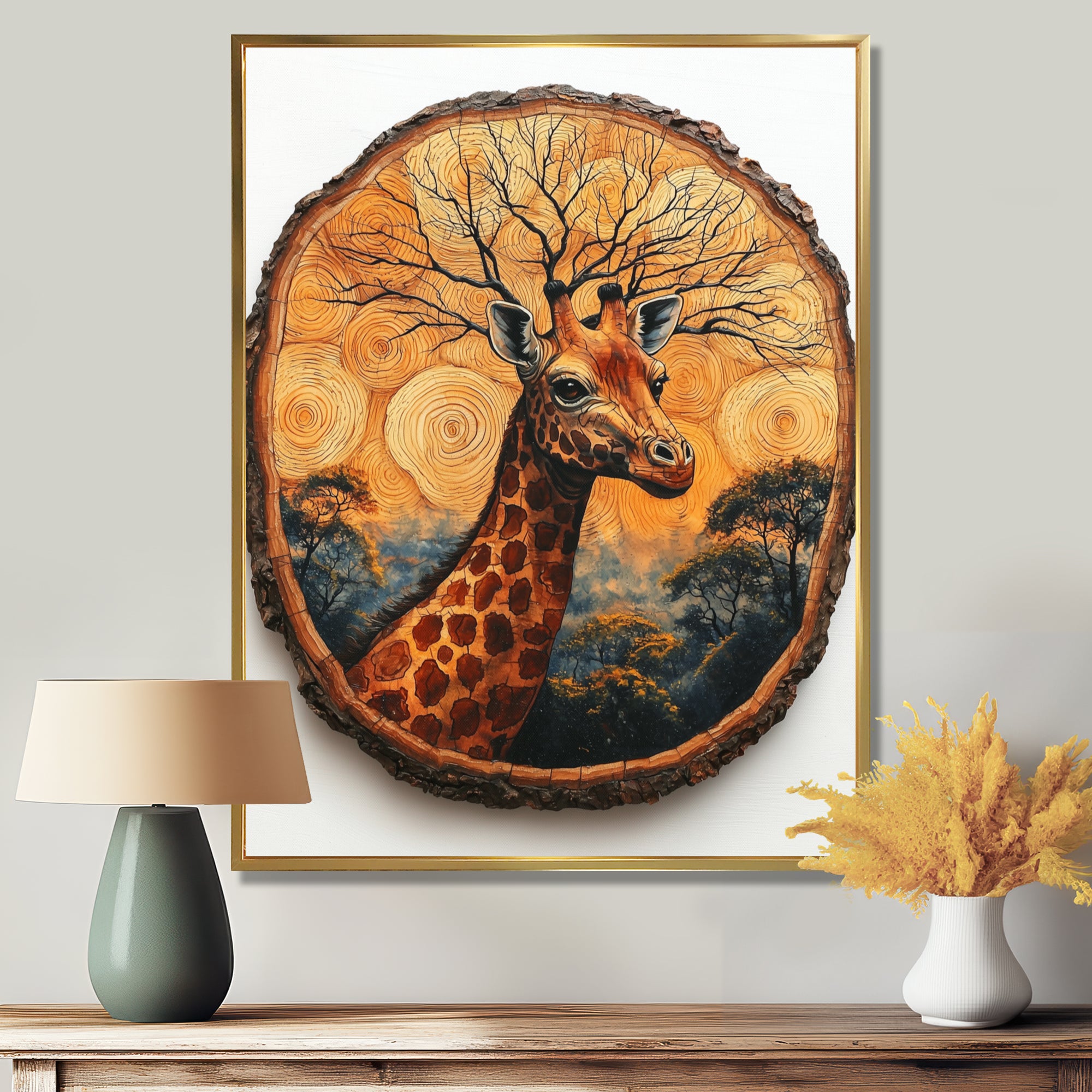 Floral Giraffe Portrait In African Landscape - Giraffe Canvas Wall Art
