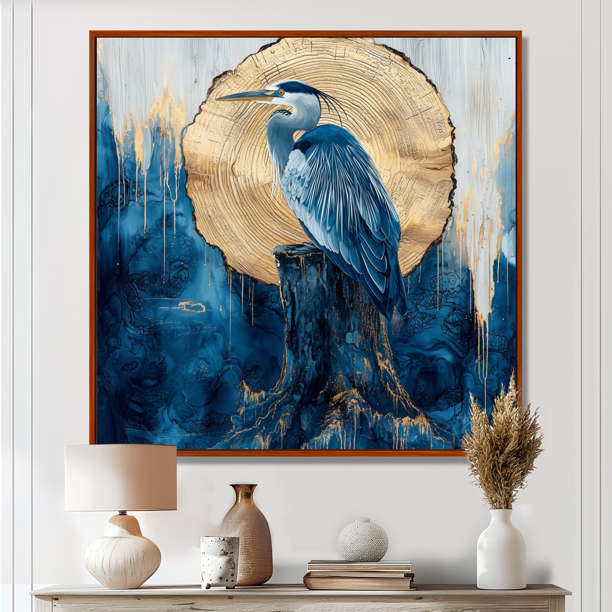 Heron In Golden Moon Chinese Ink Landscape - Heron Bedroom Wall Art