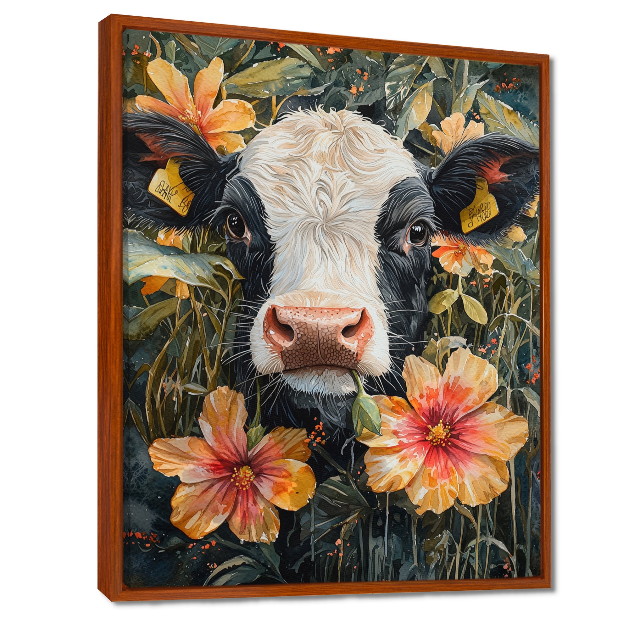 Cow Painting With Hibiscus - Cow Wall Decor