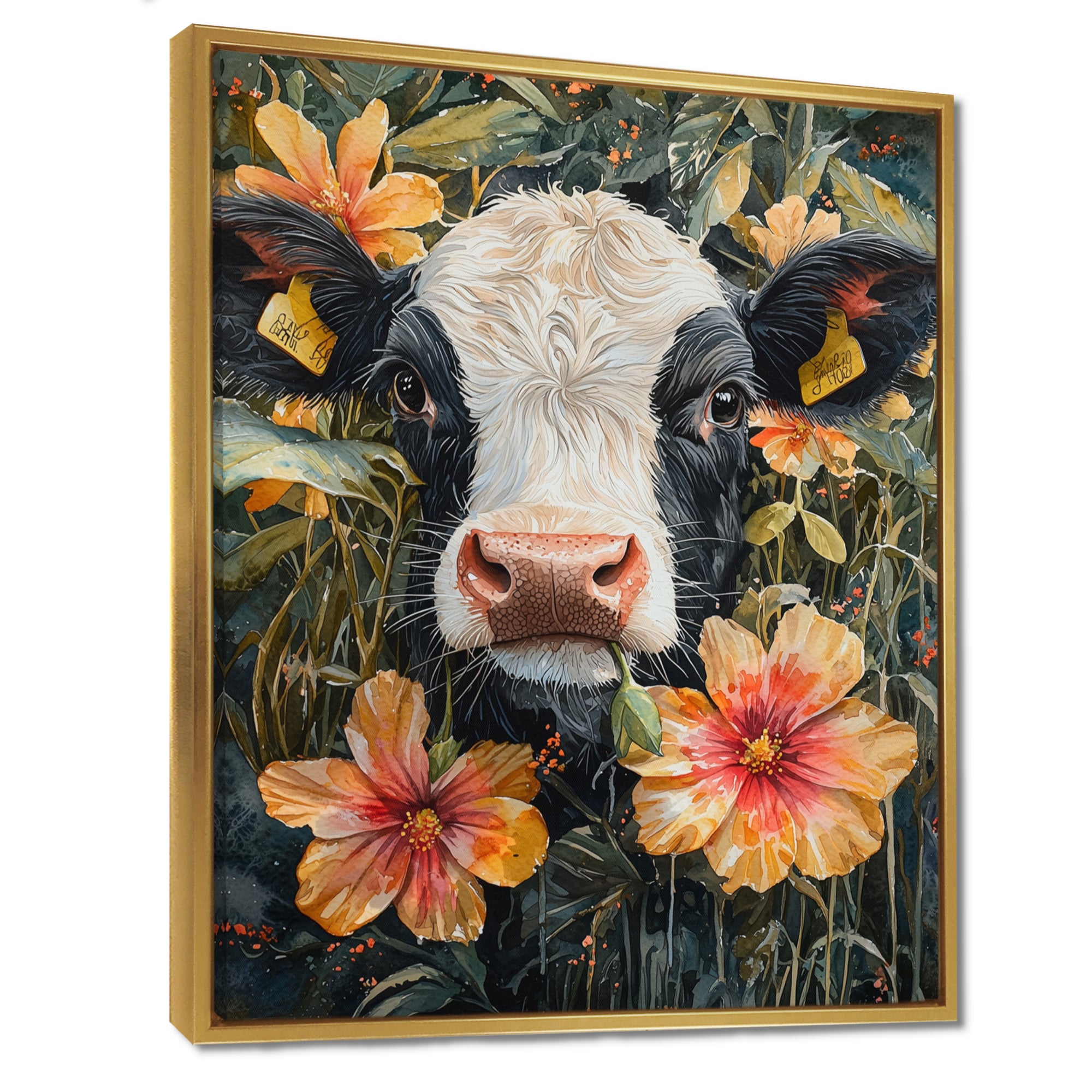 Cow Painting With Hibiscus - Cow Wall Decor