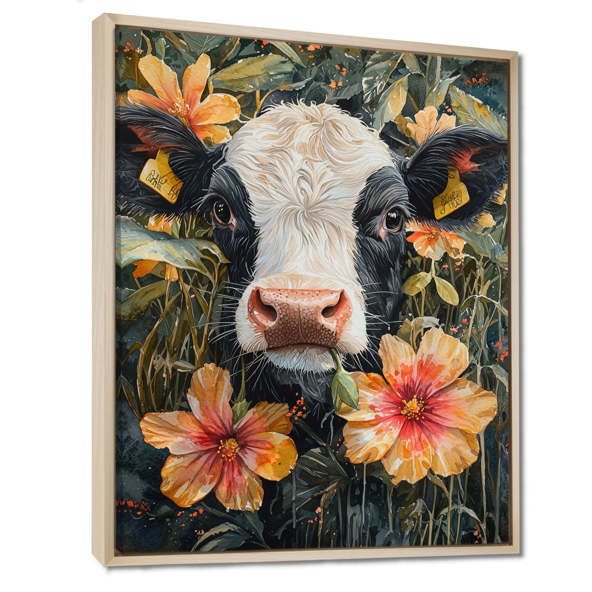 Cow Painting With Hibiscus - Cow Wall Decor