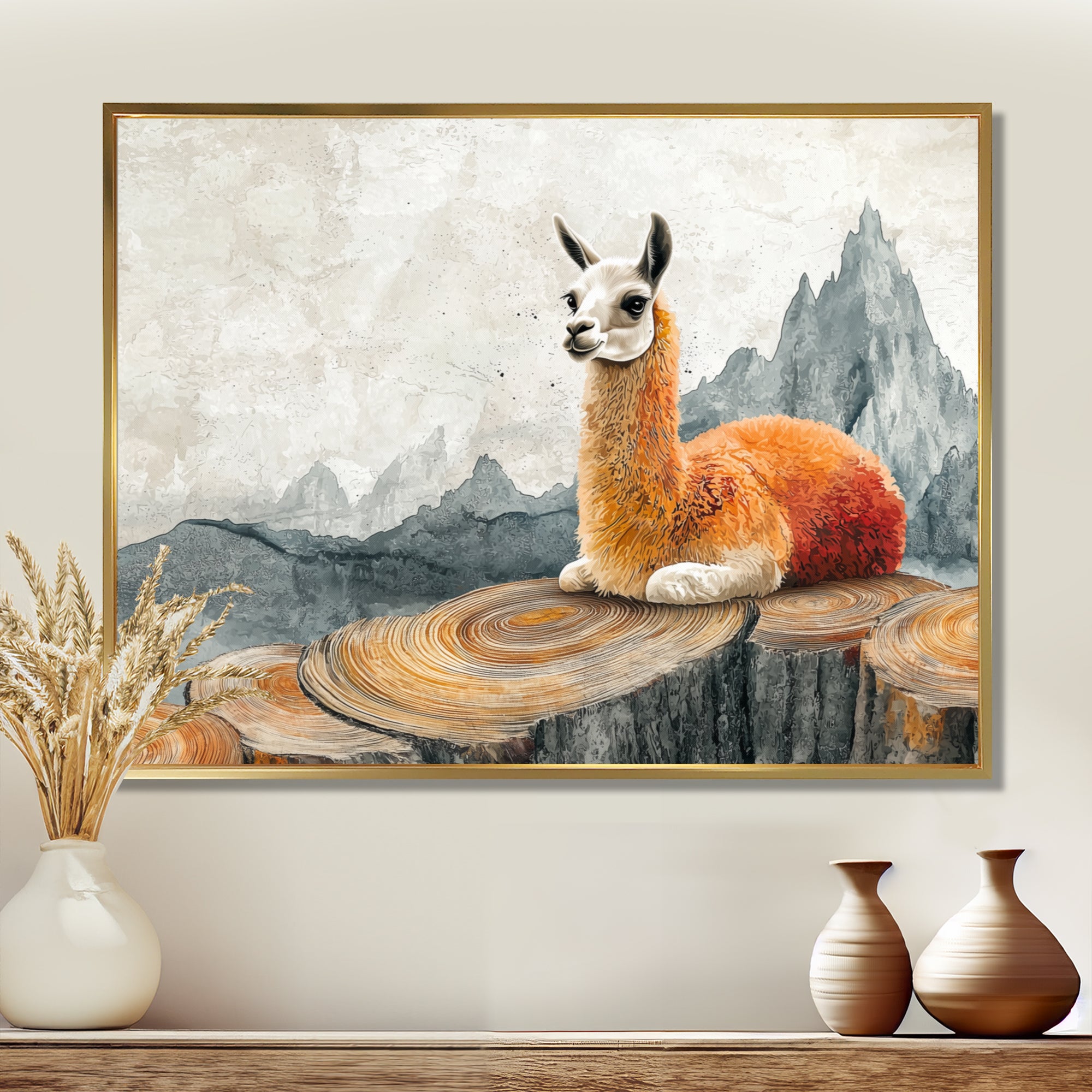 Llama In Peru Meditation Of The Guardian - Orange Llama Wall Art