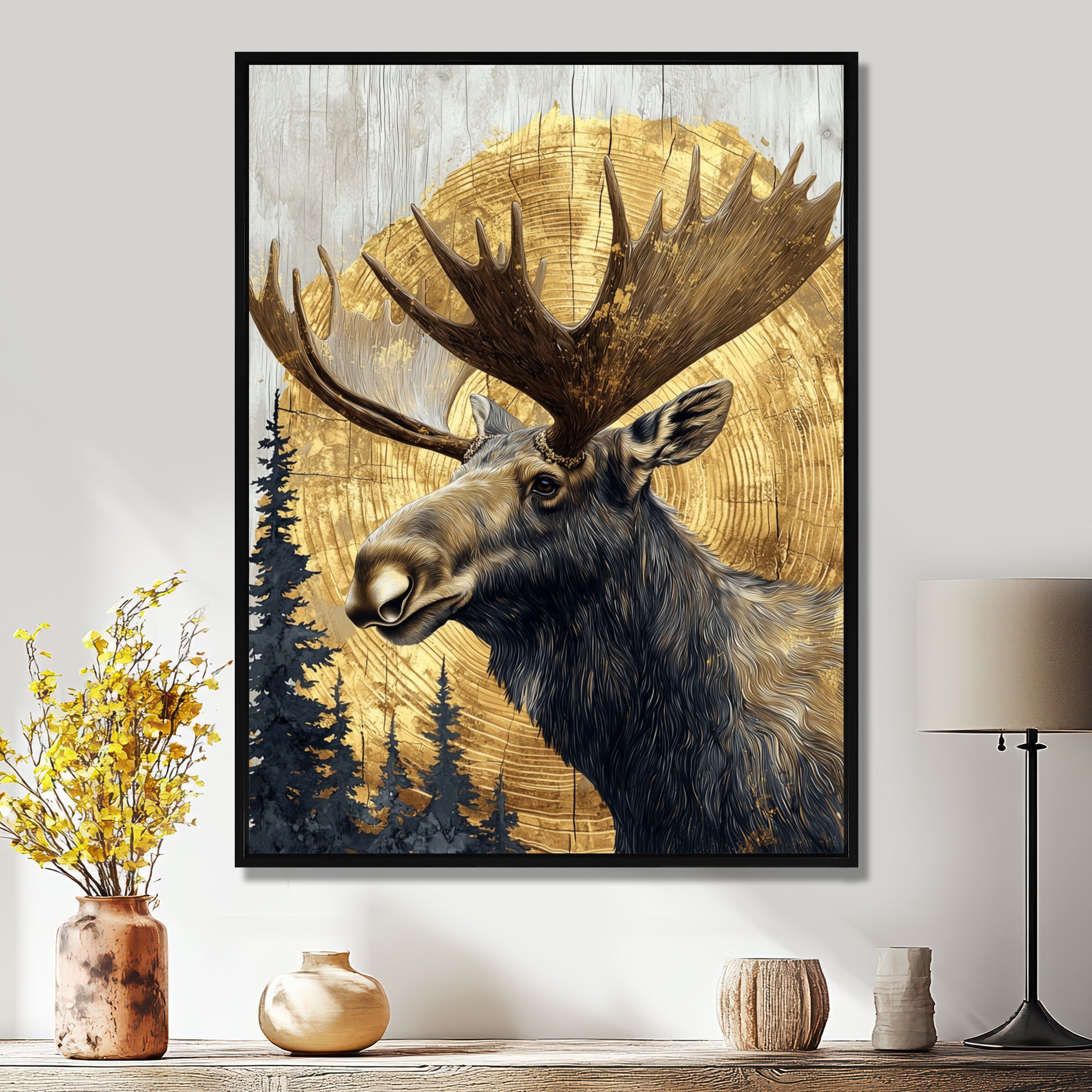 Golden Moose Portrait In The Winter - Moose Living Room Wall Art