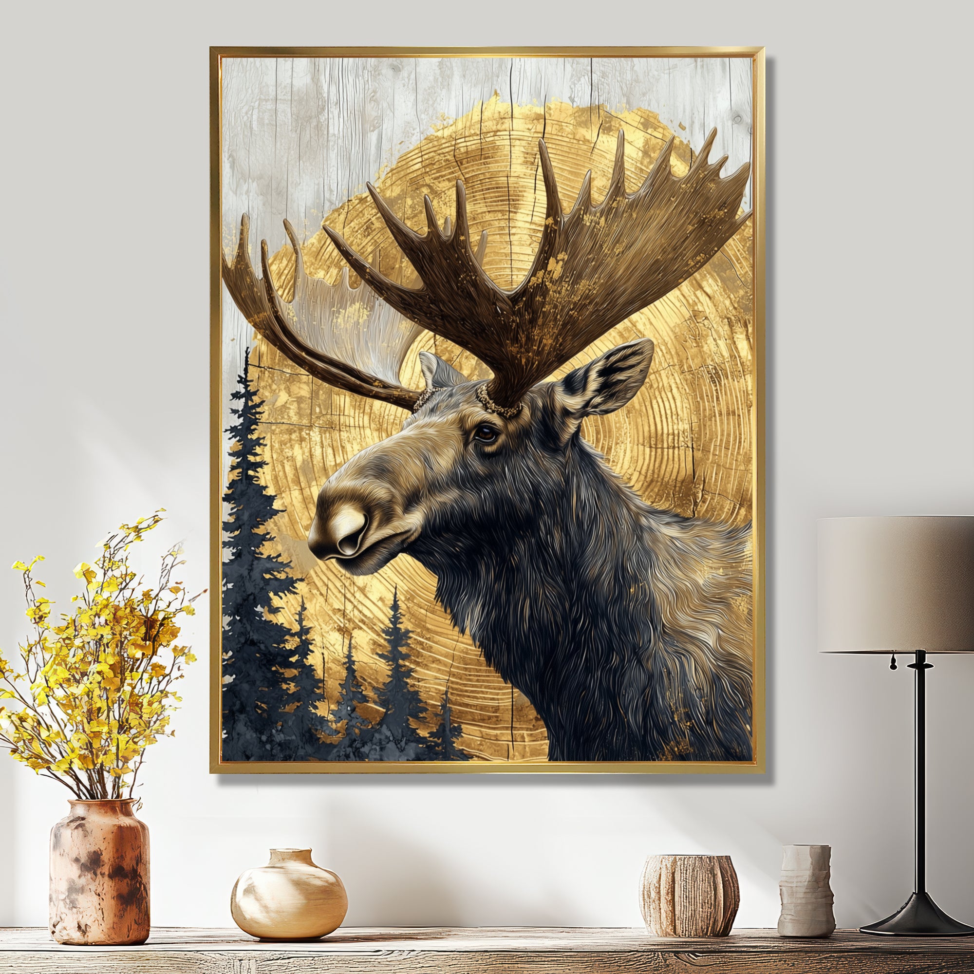 Golden Moose Portrait In The Winter - Moose Living Room Wall Art
