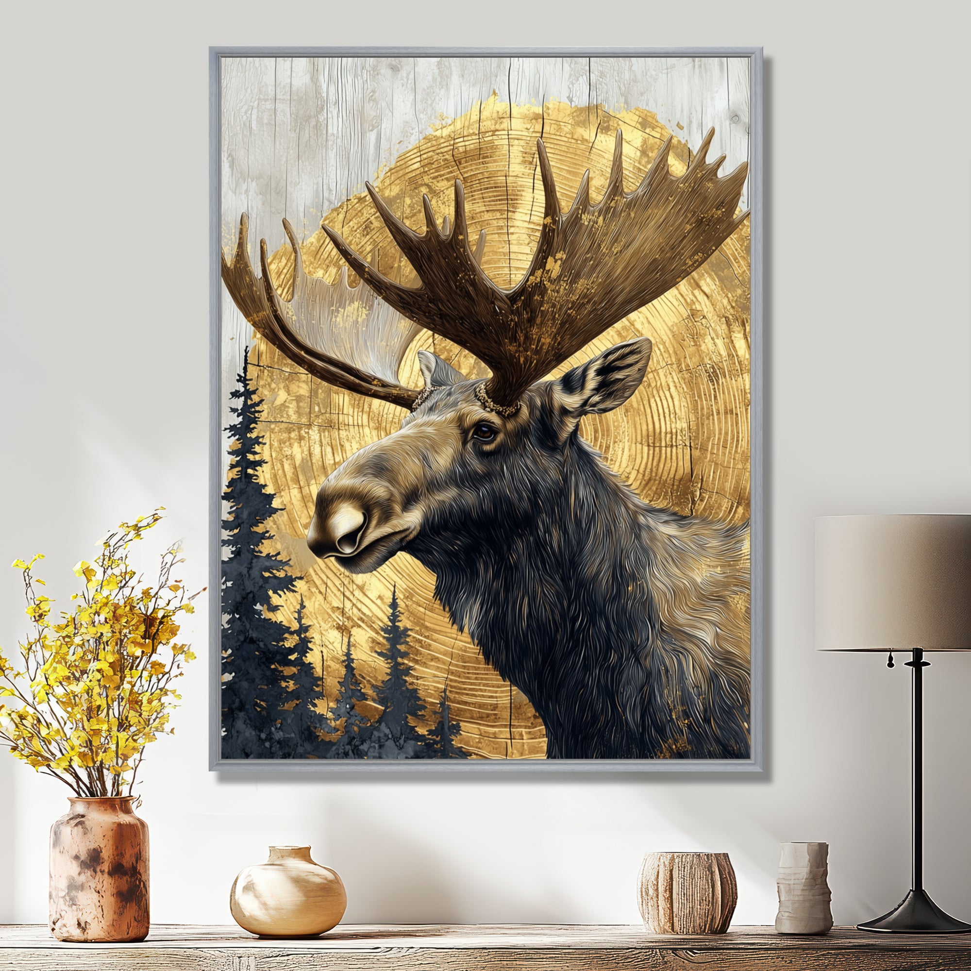 Golden Moose Portrait In The Winter - Moose Living Room Wall Art