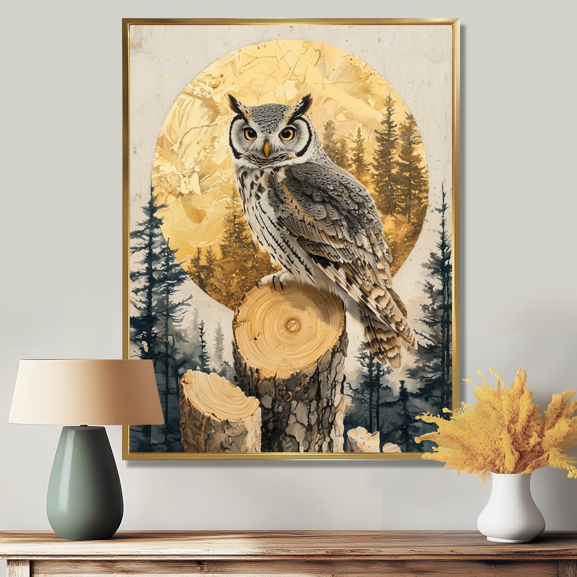 Owl Into Golden Forest Landscape - Owl Wall Art Prints