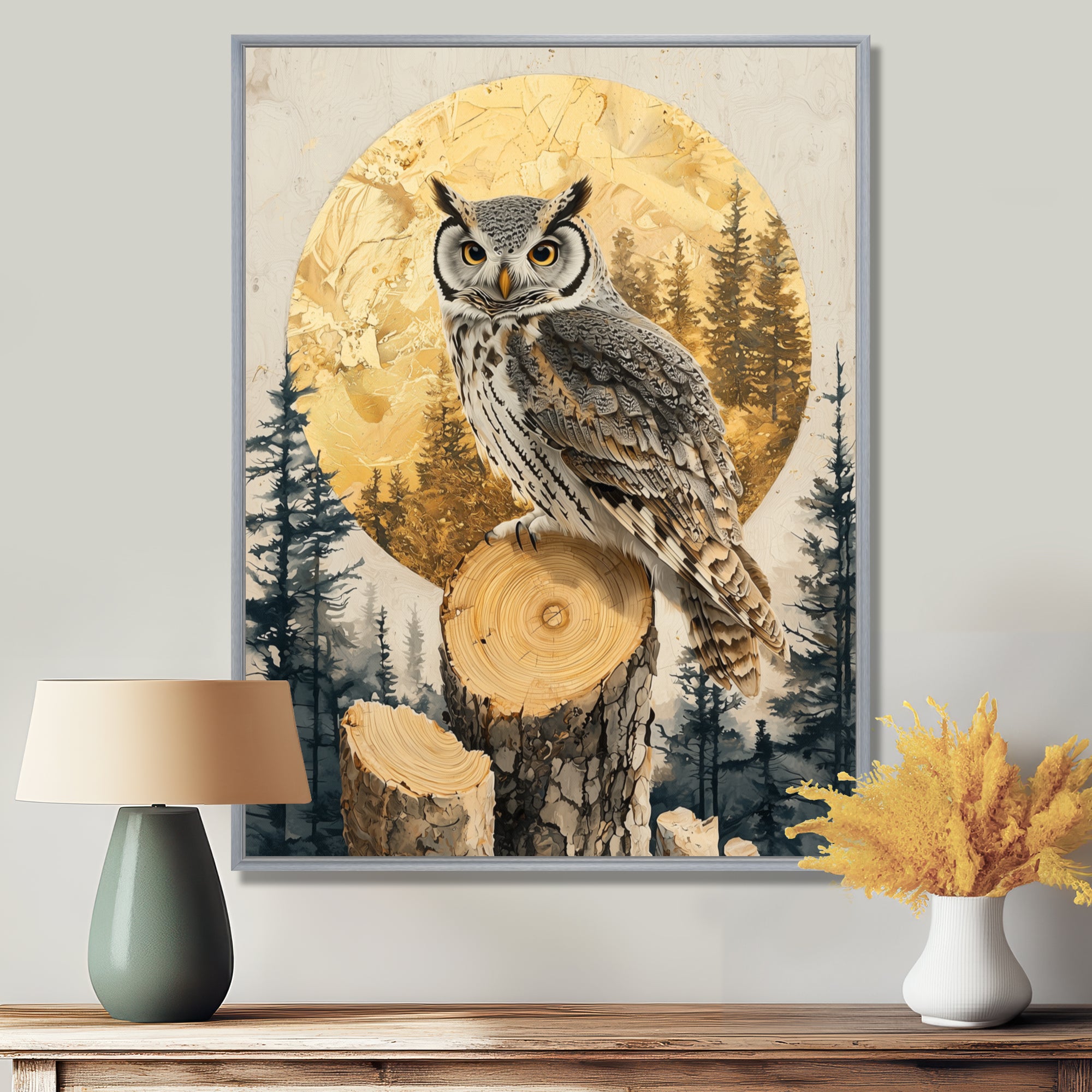 Owl Into Golden Forest Landscape - Owl Wall Art Prints