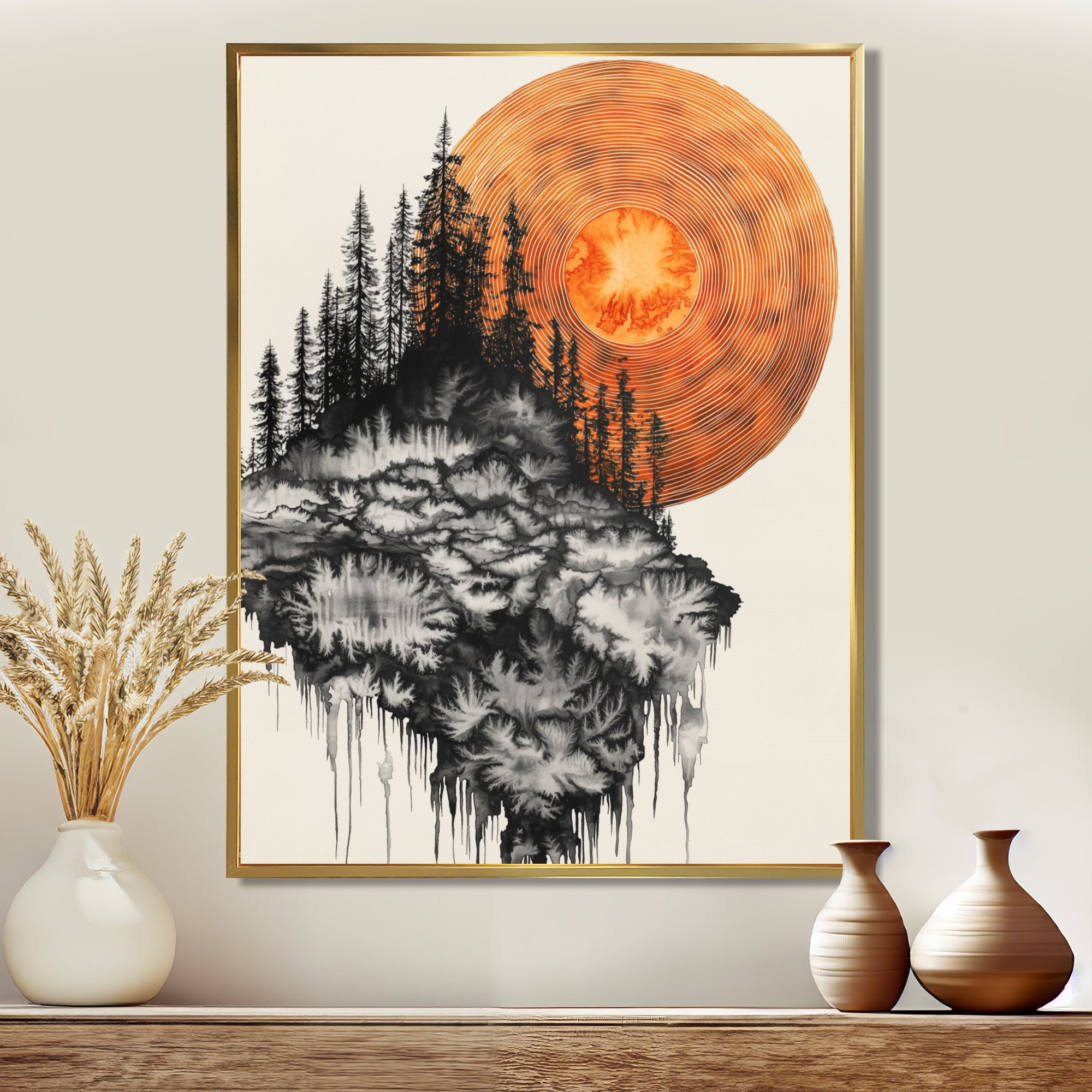 Sunrise Of A Dark Onyx Forest - Orange Owl Wall Art