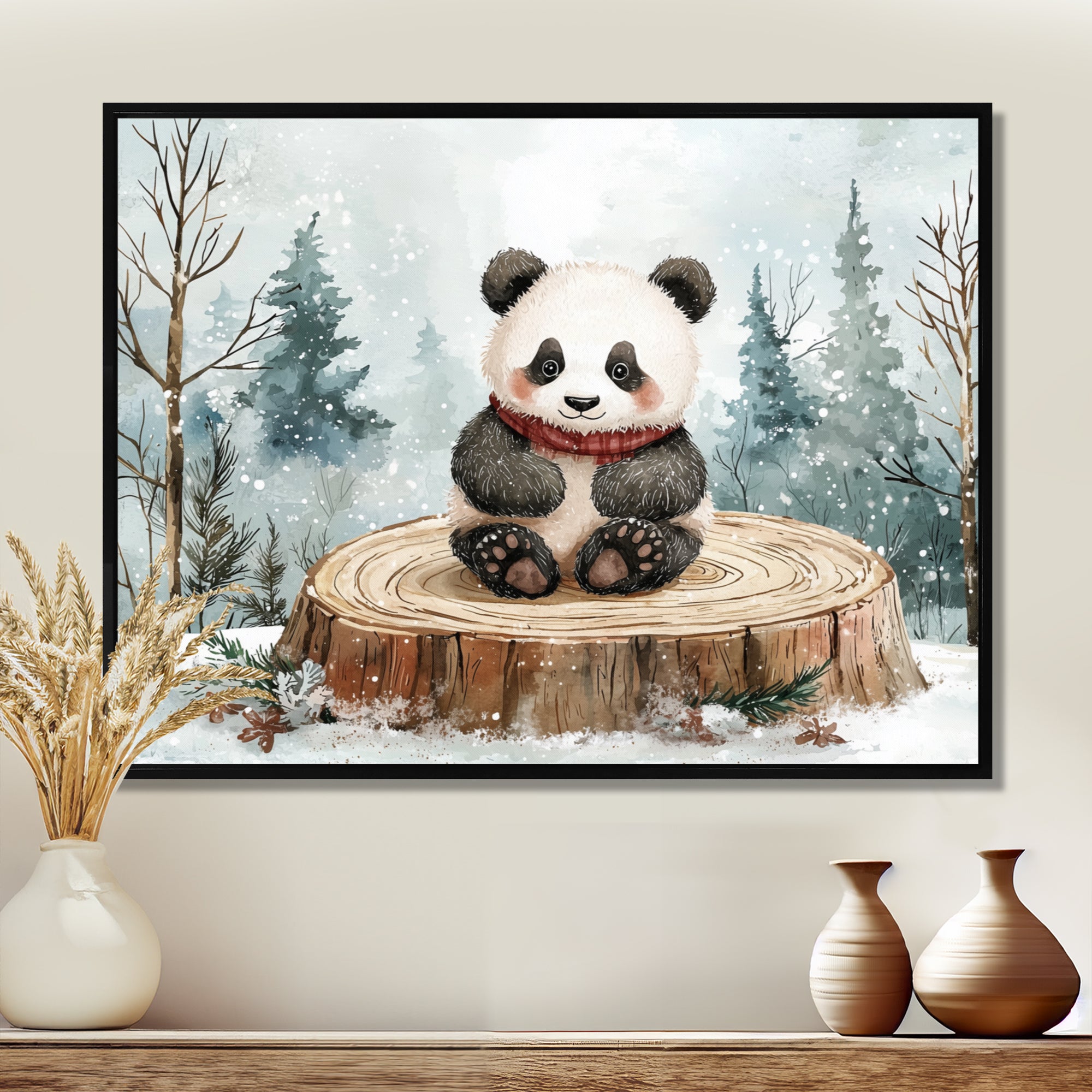 Cute Panda In Winter Landscape - Panda Home Decor Art