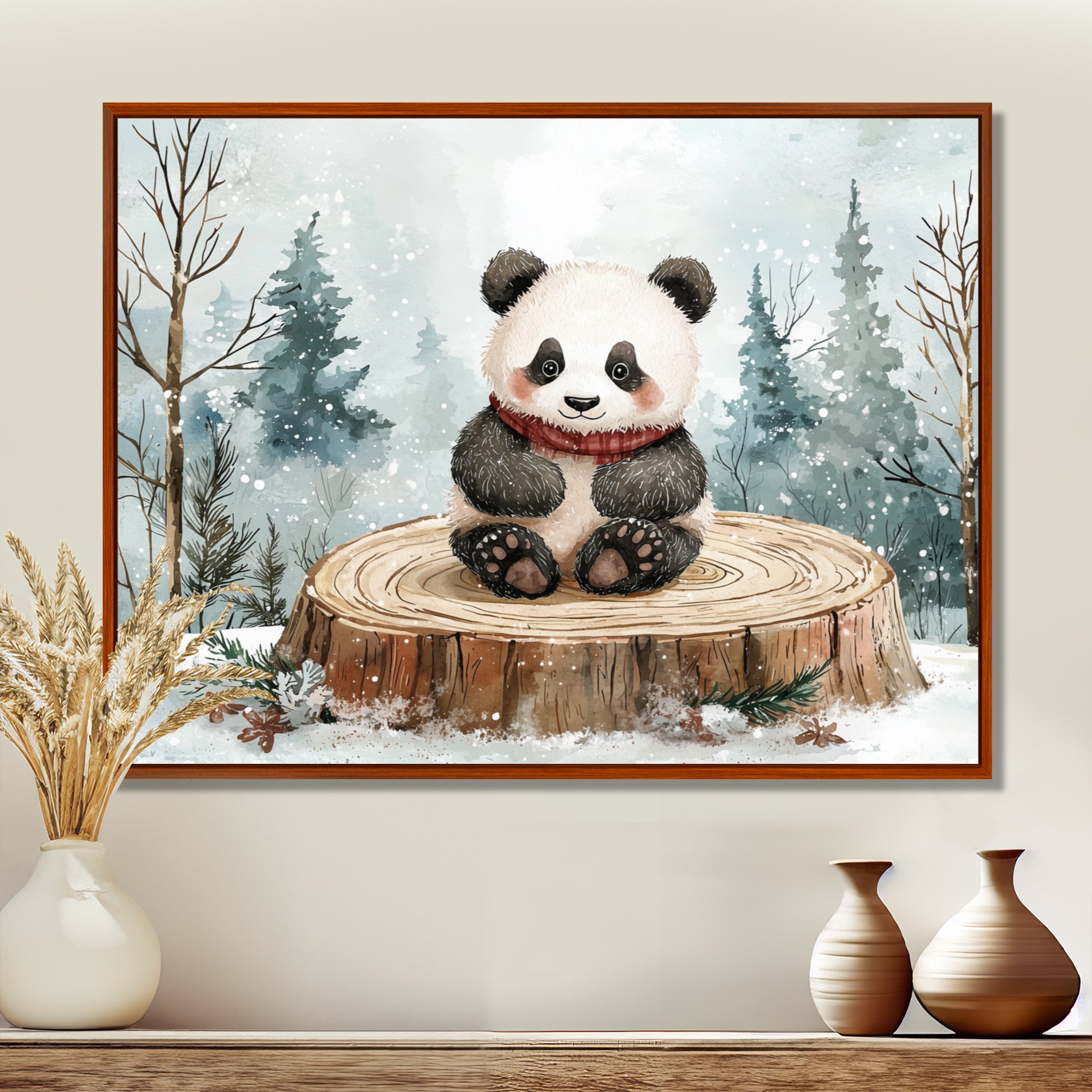 Cute Panda In Winter Landscape - Panda Home Decor Art