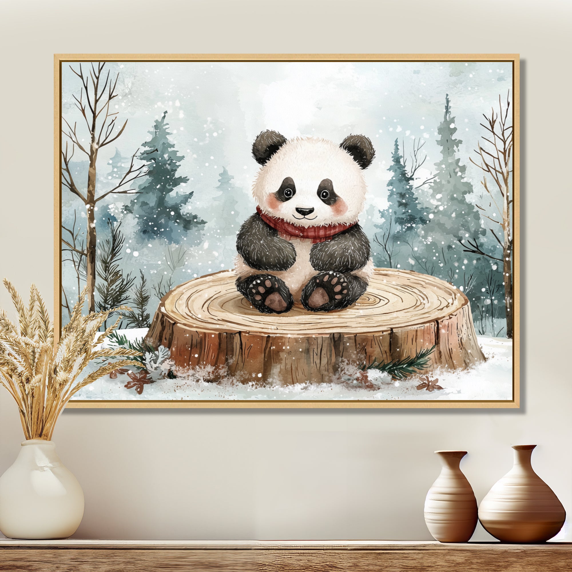 Cute Panda In Winter Landscape - Panda Home Decor Art