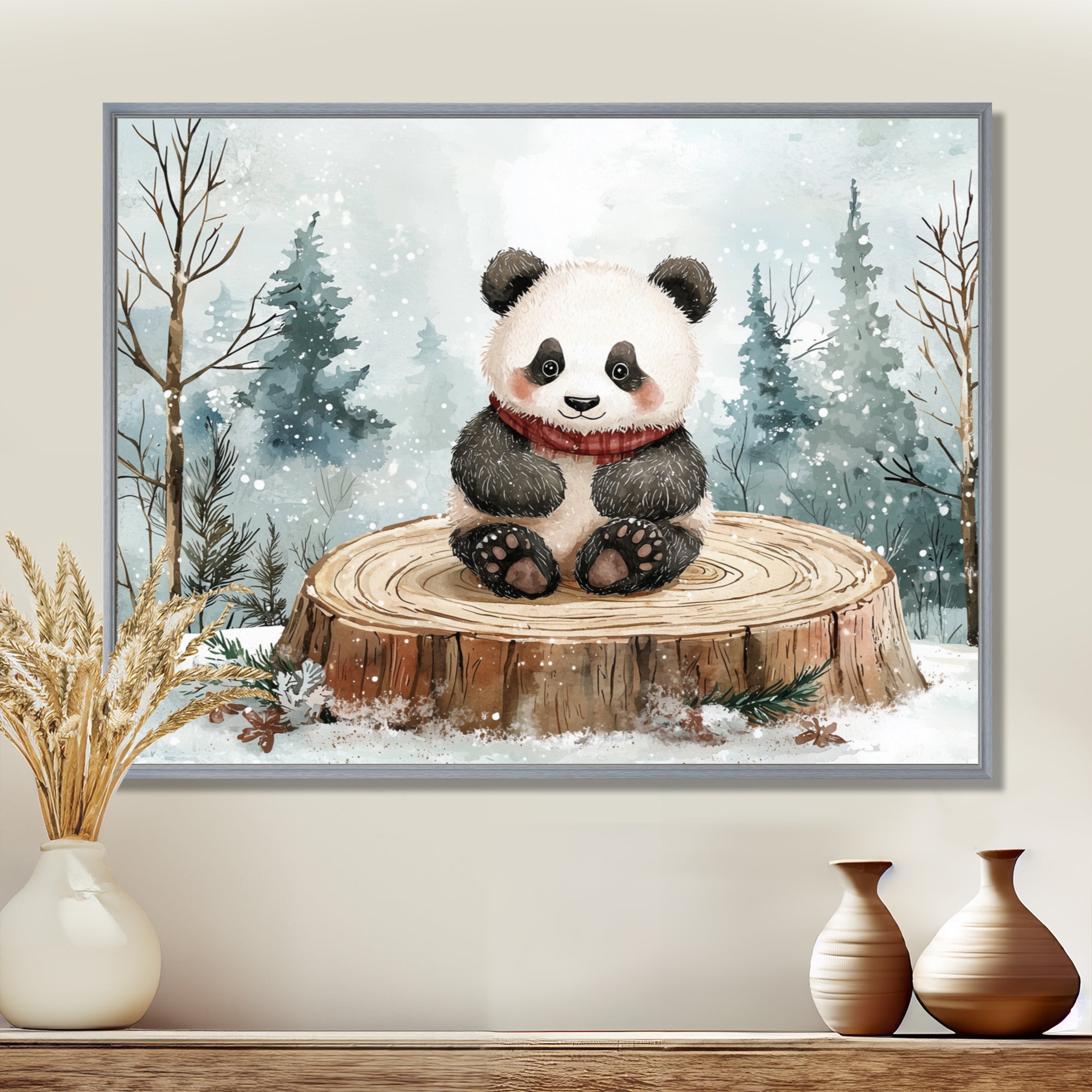 Cute Panda In Winter Landscape - Panda Home Decor Art