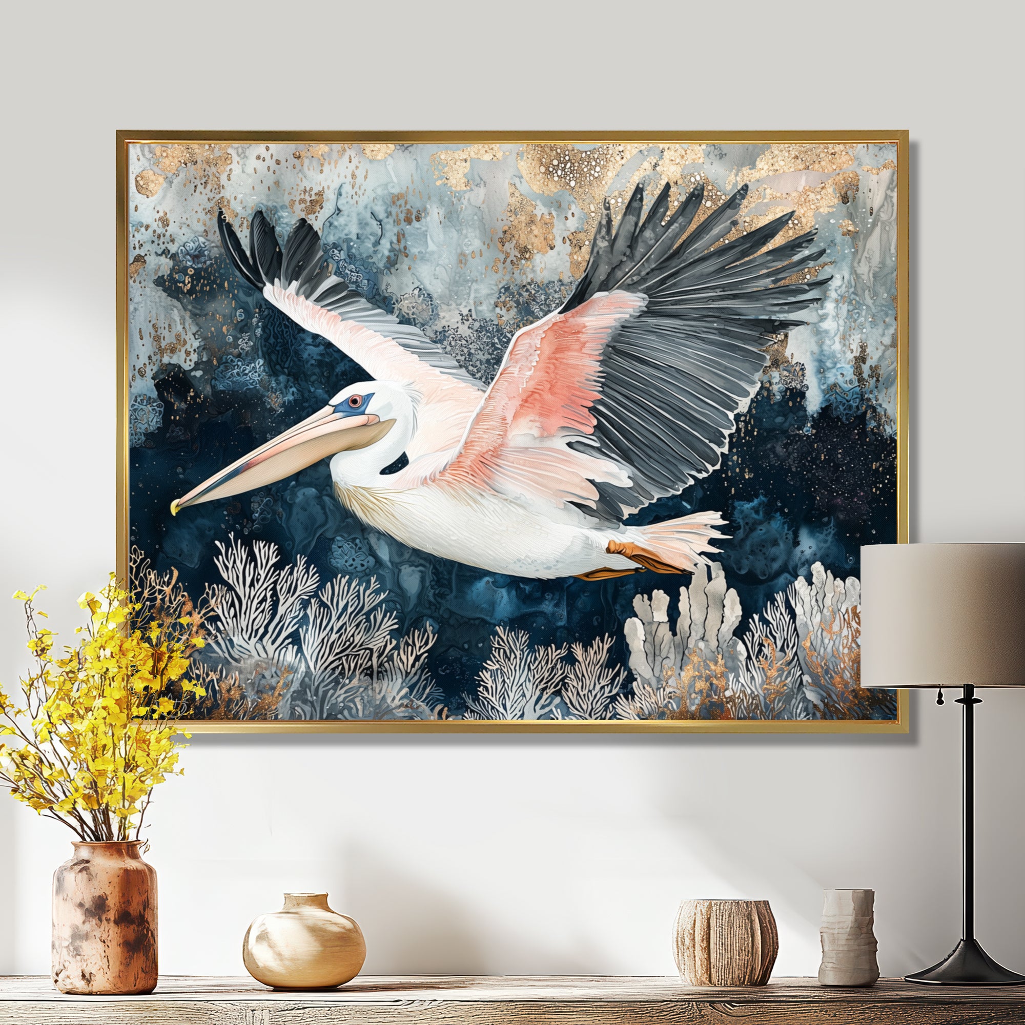 Pelican Flying Above Ocean Landscape - Pelican Wall Art Prints