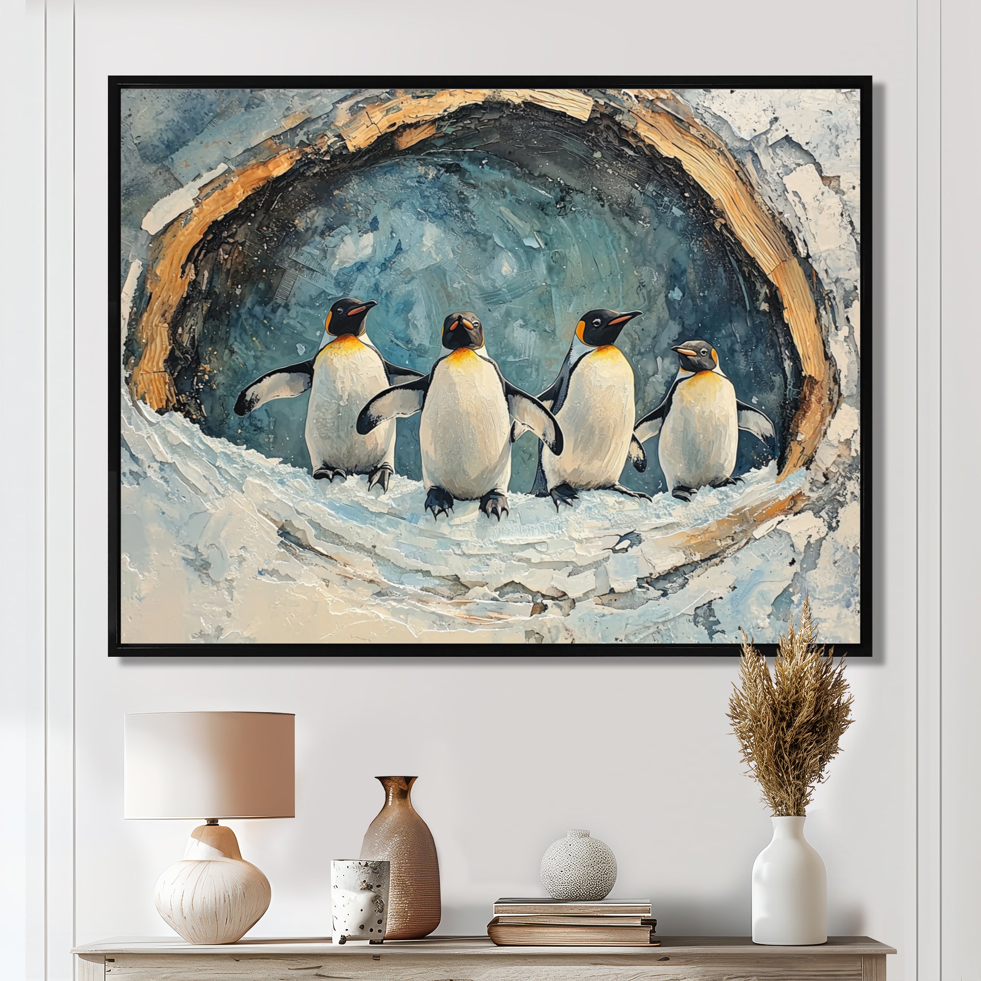Penguin Family In A Winter Landscape - White Penguin Wall Art