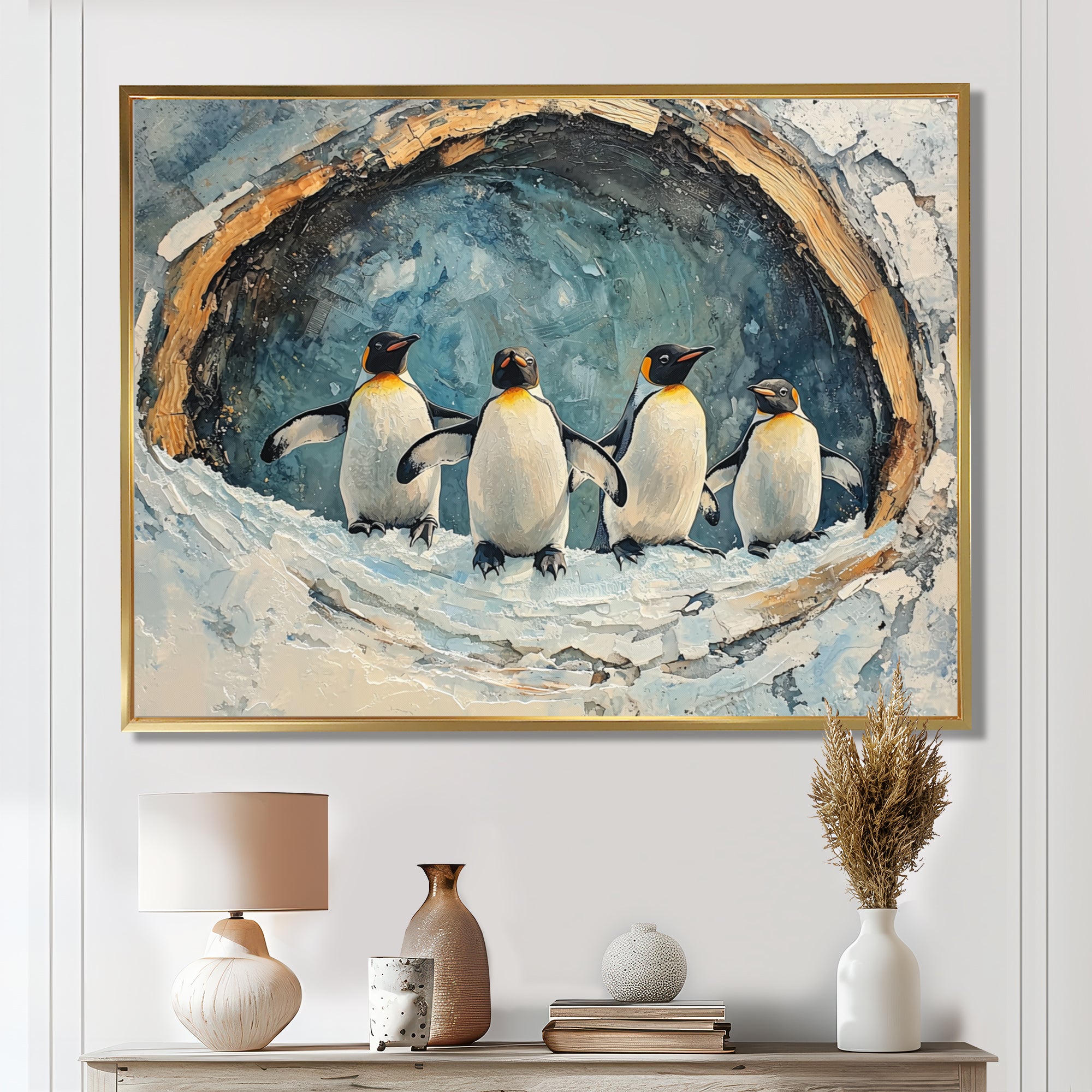 Penguin Family In A Winter Landscape - White Penguin Wall Art