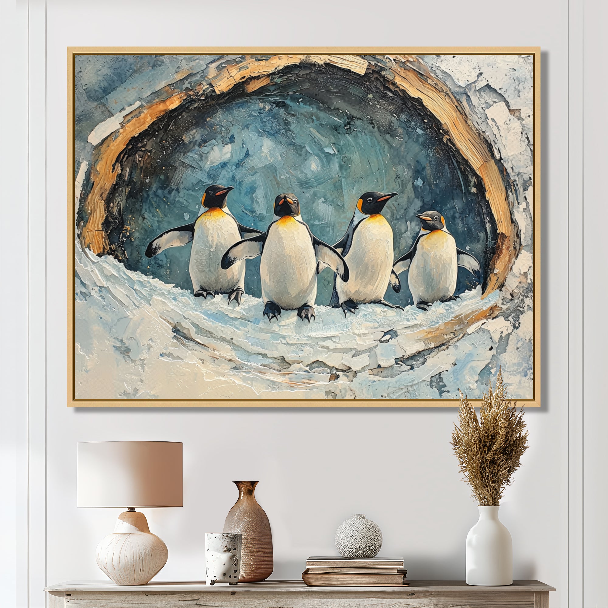 Penguin Family In A Winter Landscape - White Penguin Wall Art