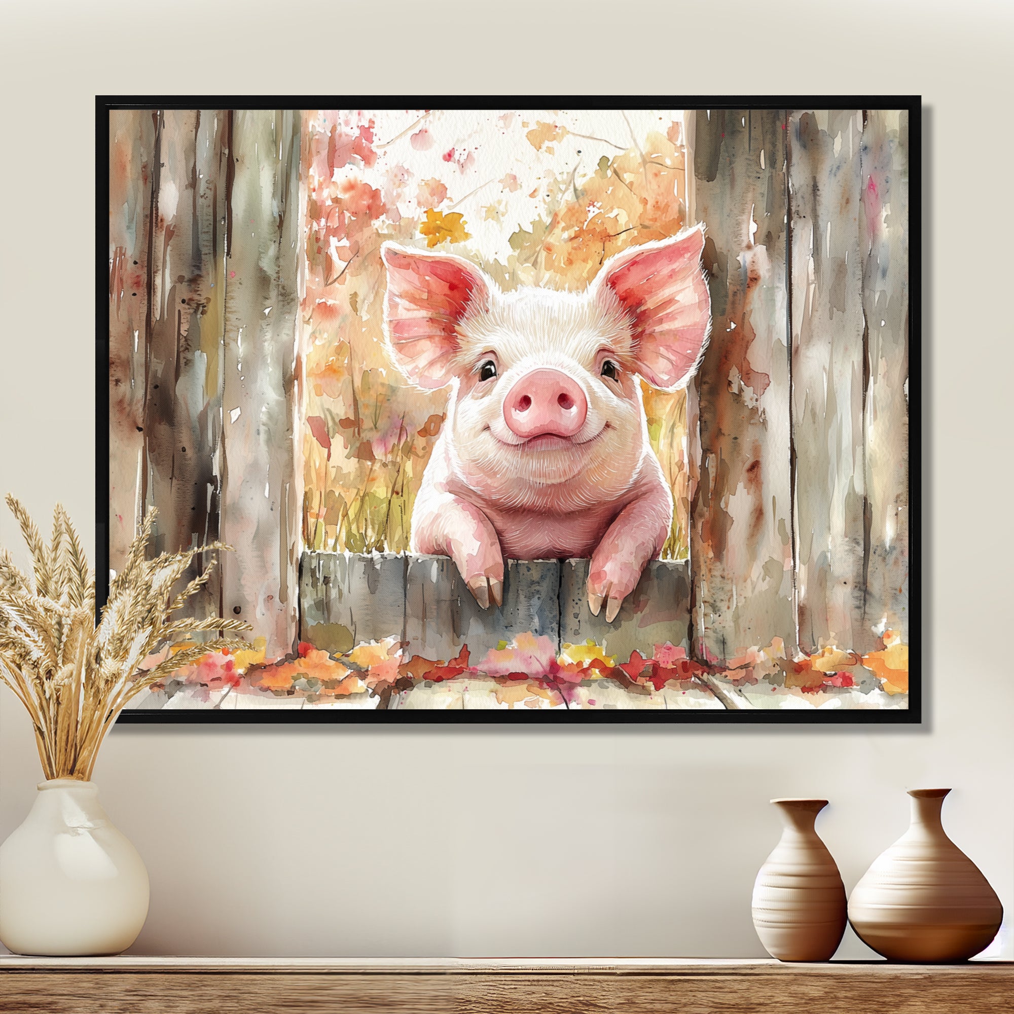 Pig Portrait At The Barn - Pig Large Canvas Wall Art