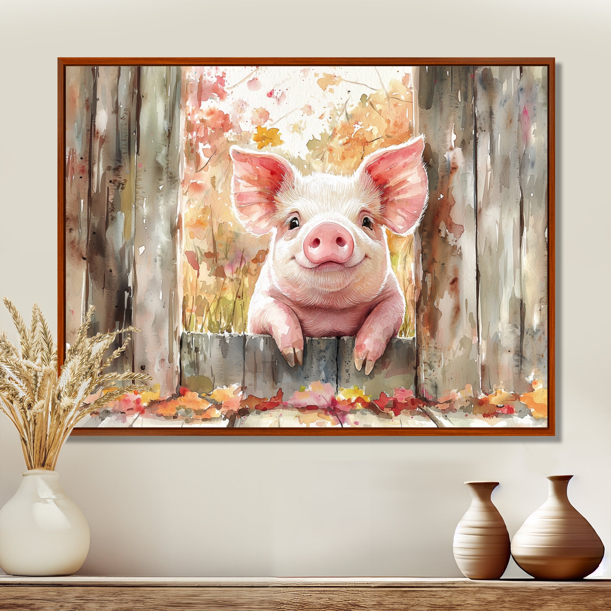 Pig Portrait At The Barn - Pig Large Canvas Wall Art