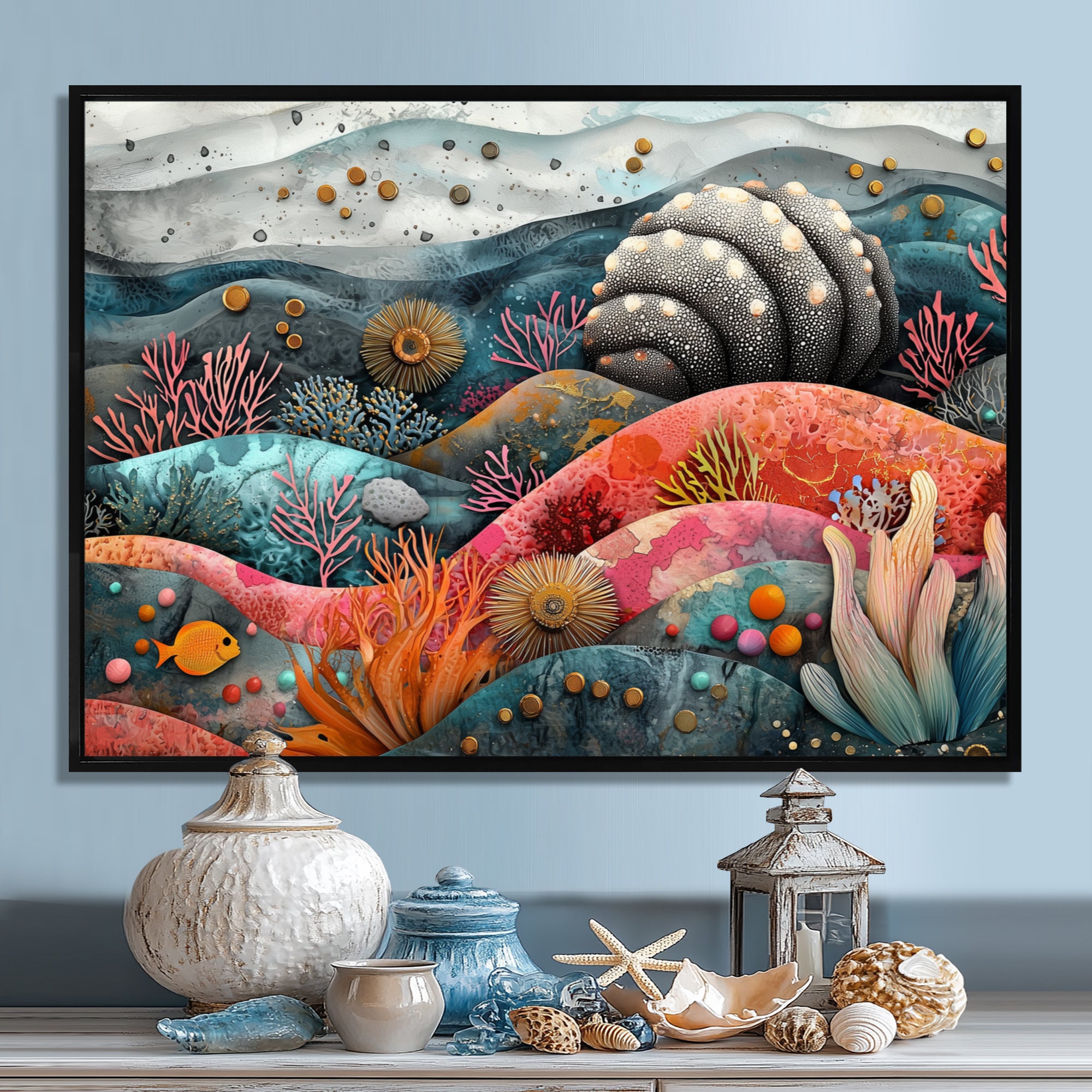 Abstract Aquarium Sea Urchin And Coral Horizon - Sea Urchin Large Canvas Wall Art
