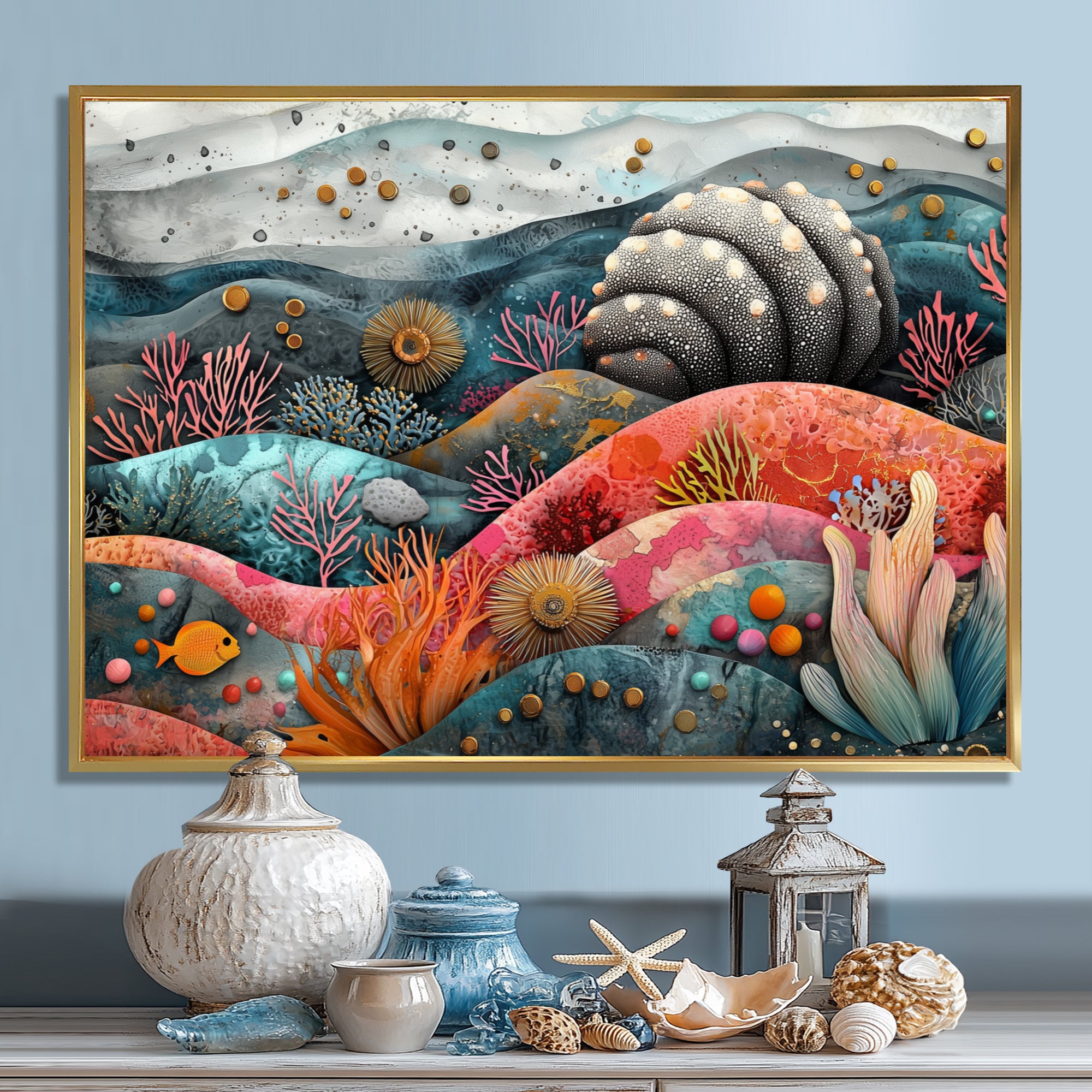 Abstract Aquarium Sea Urchin And Coral Horizon - Sea Urchin Large Canvas Wall Art